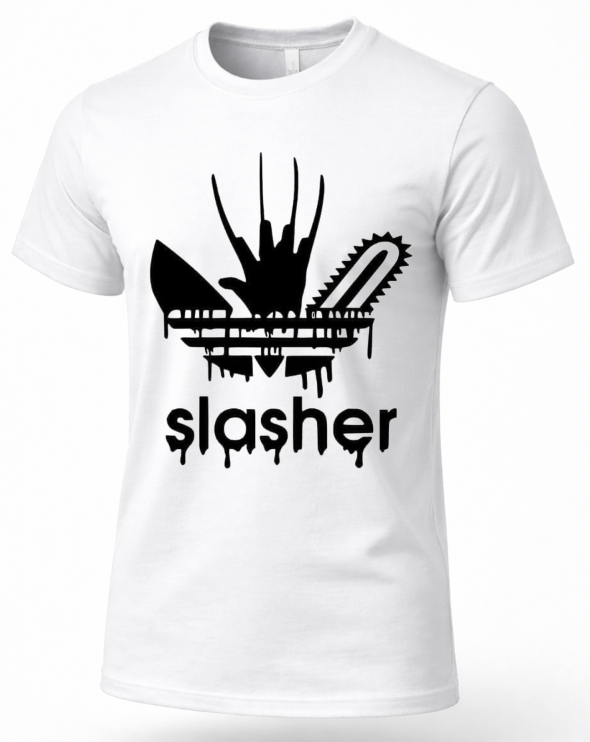 A white short-sleeve crewneck t-shirt featuring a black graphic print of a chainsaw and the word 'slasher' in a dripping font, styled like the Adidas trefoil logo.