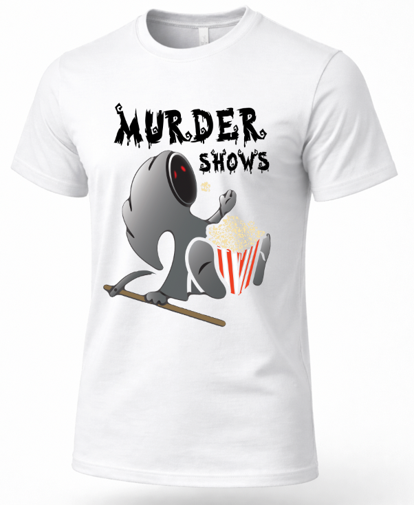 A white short-sleeve crewneck t-shirt featuring a cartoon graphic of a gray creature holding a popcorn bucket next to the text 'MURDER SHOWS' in a dripping black font.