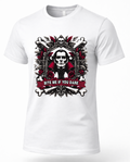 A white short-sleeve crewneck t-shirt featuring a gothic graphic print of a vampire portrait with skulls, bones, and red roses, and a red banner reading 'BITE ME IF YOU DARE'.