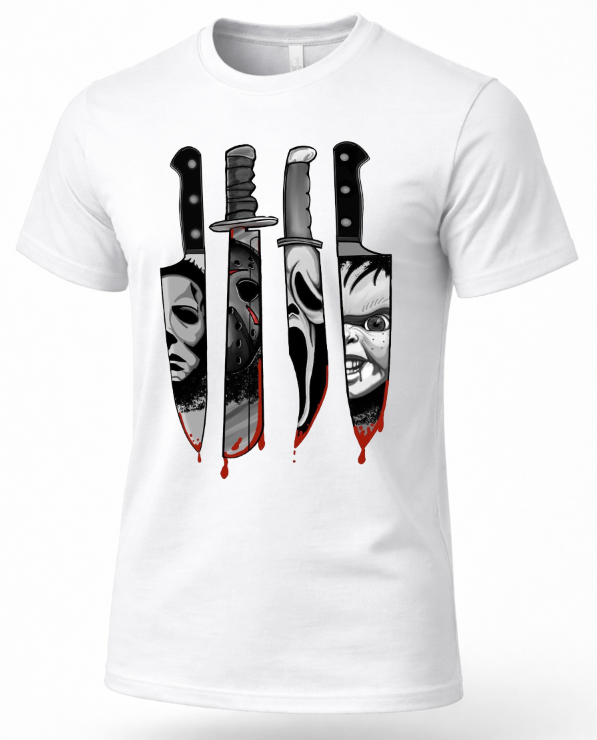 A white short-sleeve crewneck t-shirt featuring a graphic print of four horror movie knives dripping with red blood, each filled with a stylized black and white face (Michael Myers, Jason Voorhees, Freddy Krueger, and Pennywise).