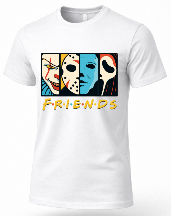 A white short-sleeve crewneck t-shirt featuring a graphic print of horror movie villains styled like the Friends logo, with the word 'FRIENDS' in yellow text below four character portraits.