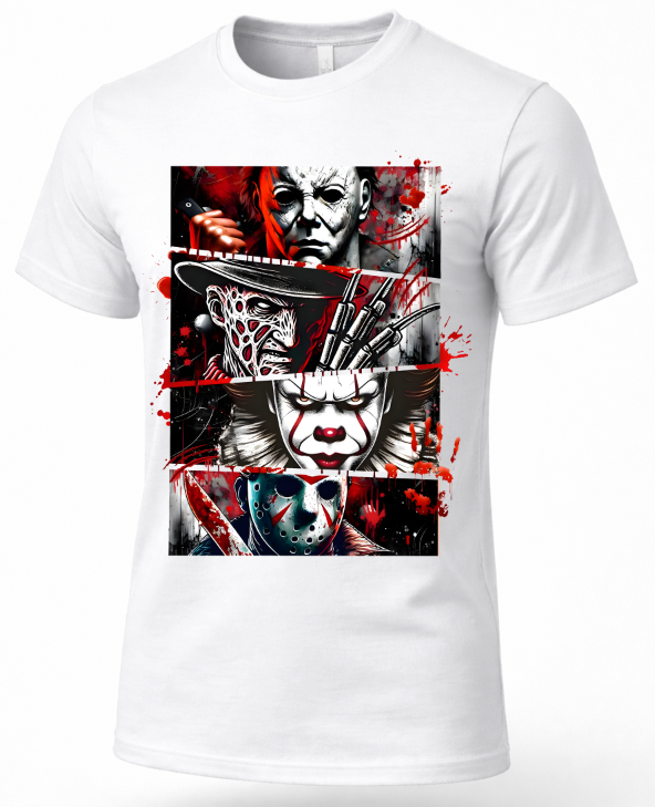 A white short-sleeve crewneck t-shirt featuring a large graphic print of horror movie villains Freddy Krueger, Leatherface, and Jason Voorhees in a collage with red blood splatter details.