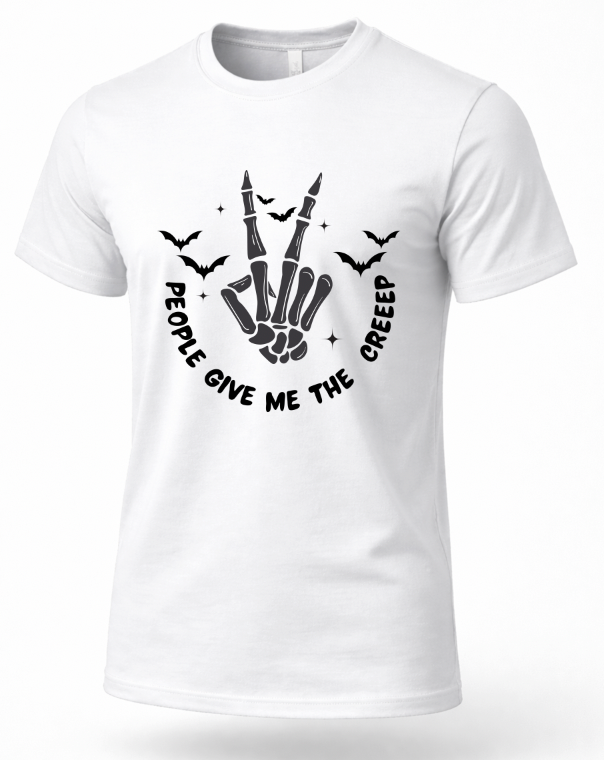 A white short-sleeve crewneck t-shirt with a black graphic on the chest depicting a skeletal hand making a peace sign, surrounded by bats and the text 'PEOPLE GIVE ME THE CREEP'.