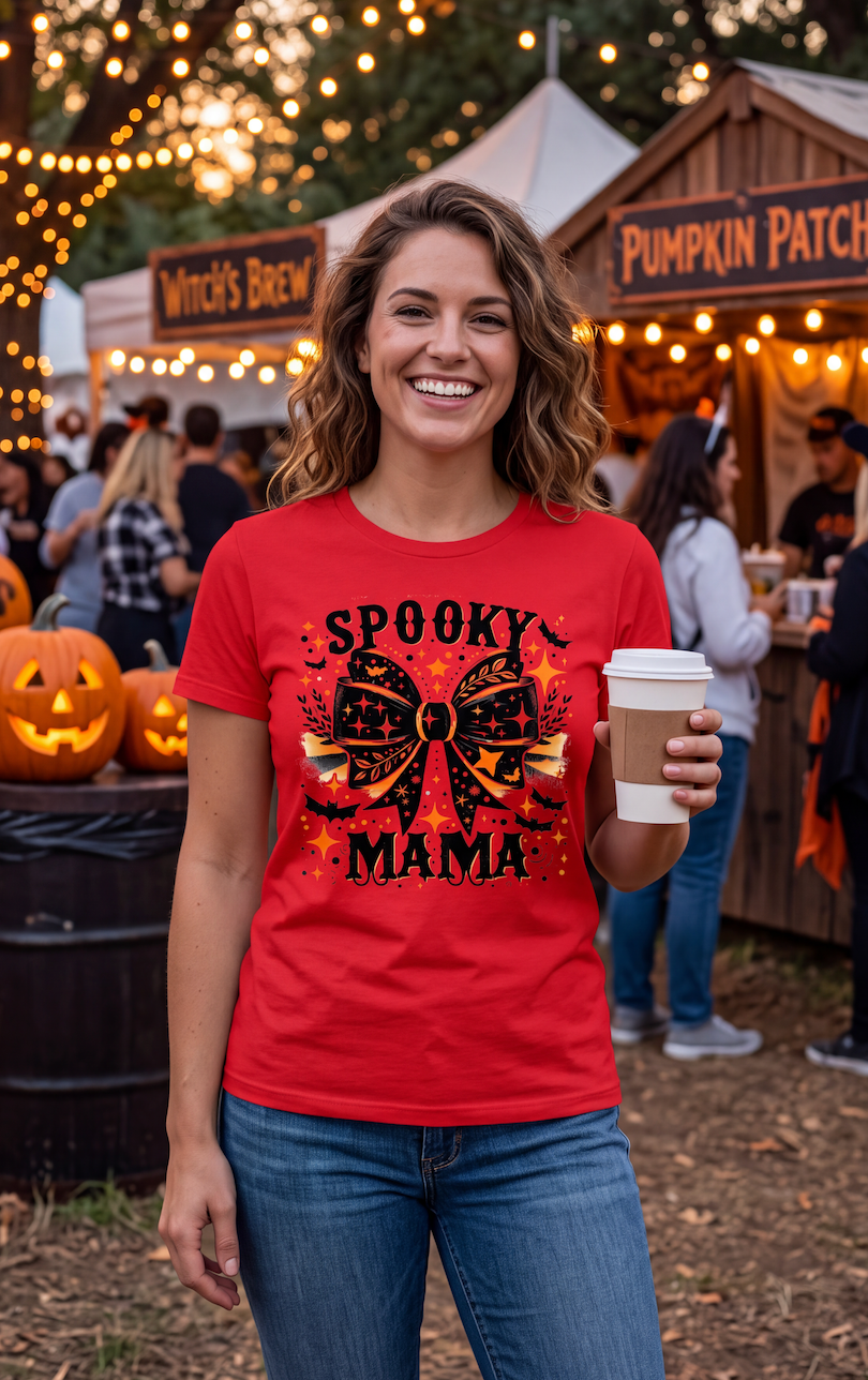A woman smiling at an outdoor Halloween festival, wearing a bright red graphic T-shirt that reads 'SPOOKY MAMA' with a black and orange bow design. She is holding a coffee cup, with pumpkins and vendor booths in the background.