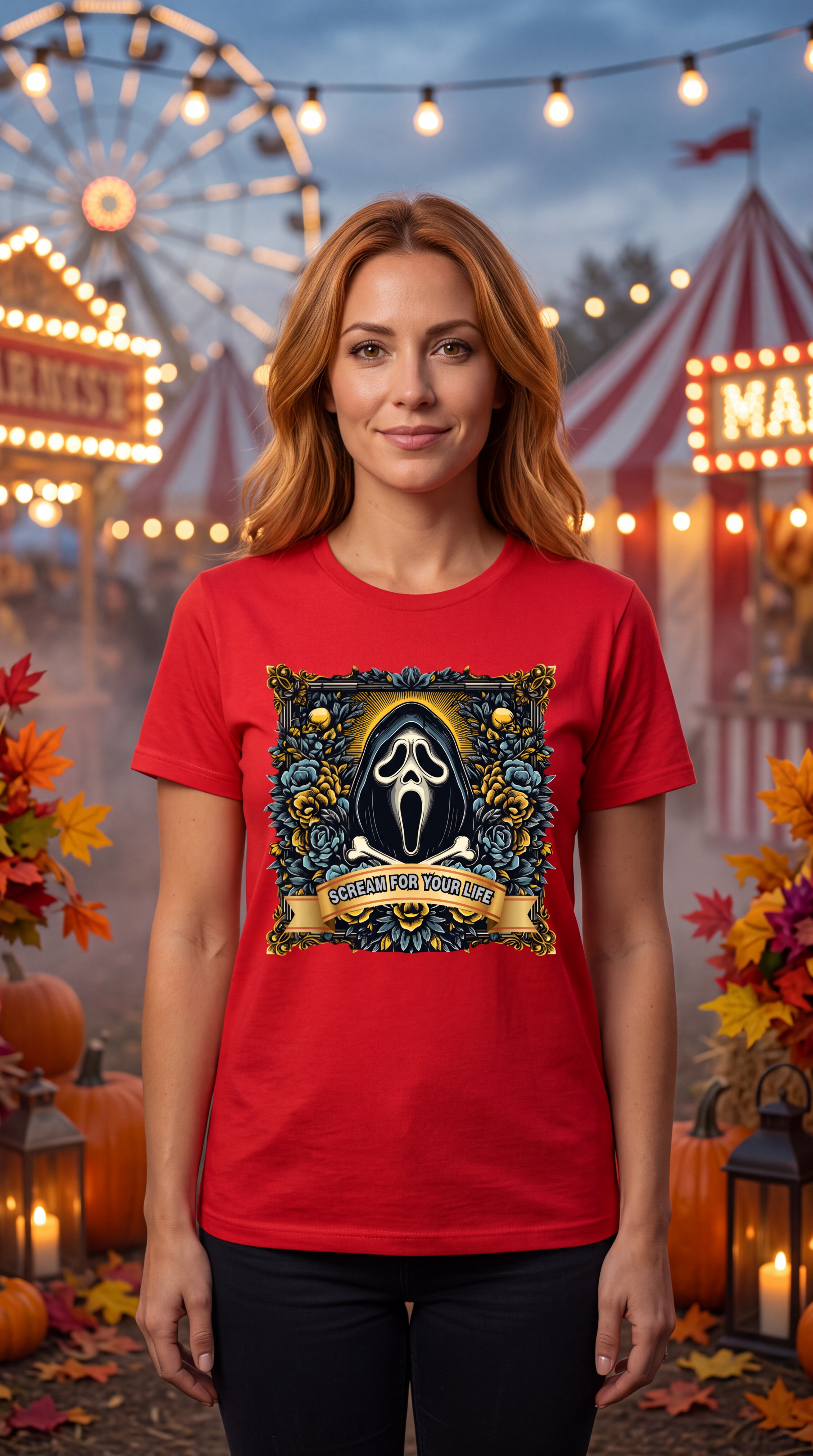 A woman stands at a fairground wearing a red graphic T-shirt with a Ghostface-themed print and dark pants. The background shows a blurred carnival scene with lights, tents, pumpkins, and autumn decorations.