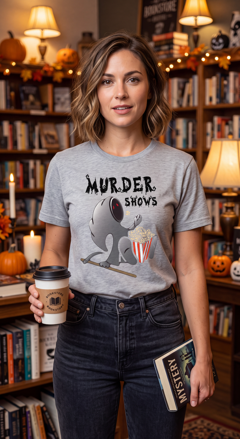 A woman stands in a cozy, book-filled room wearing a light gray graphic t-shirt with a cartoon ghost and the text 'MURDER SHOWS'. She holds a coffee cup and a book, with warm lighting and Halloween decorations in the background.