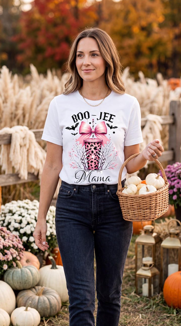 A woman stands in an autumn-themed outdoor setting wearing a white graphic T-shirt that reads 'BOO-JEE Mama' with a pink bow, leopard print, bats, and floral design. She is holding a wicker basket filled with pumpkins and stands in front of a rustic fence with fall foliage, dried grass, and pumpkins.