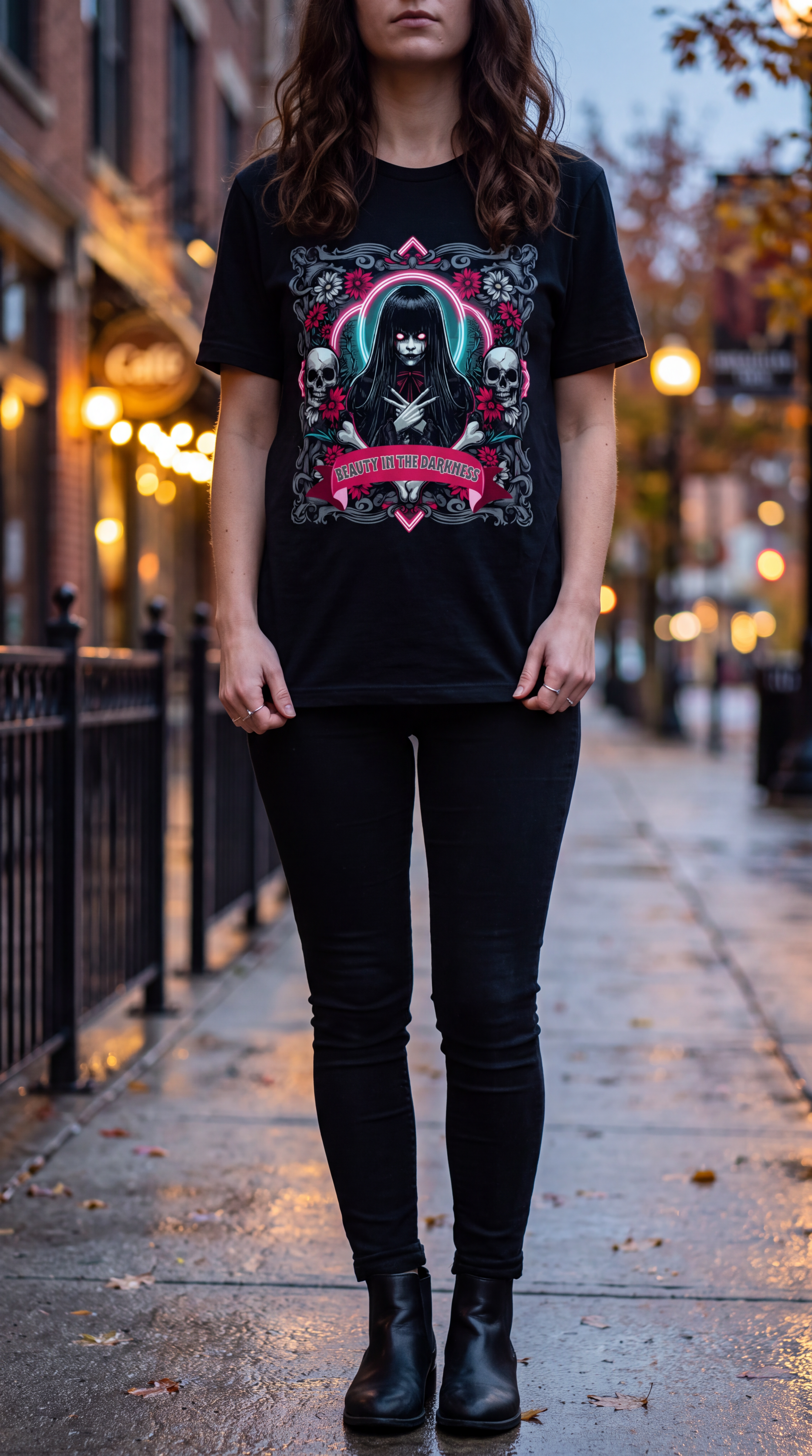 A woman stands on a city sidewalk wearing a black graphic T-shirt with a gothic horror design featuring a skull-faced figure and pink accents, paired with black pants and black ankle boots.