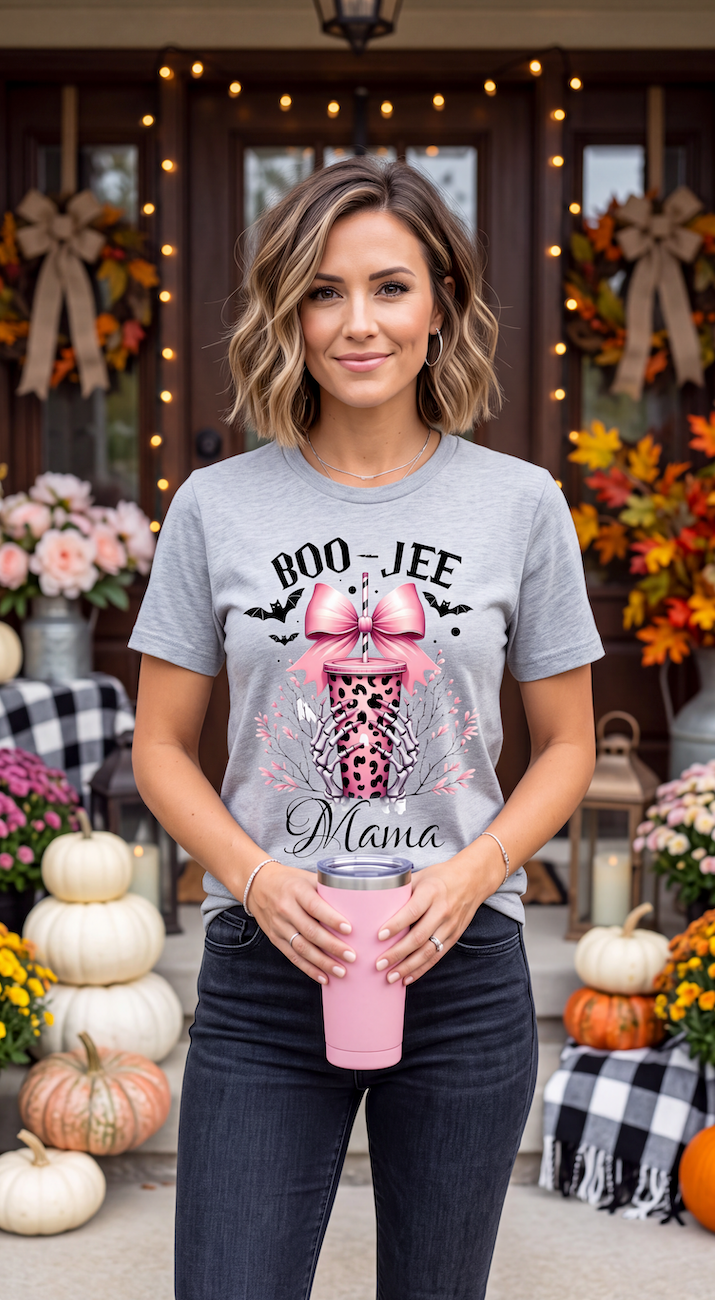 A woman stands on a decorated autumn front porch wearing a heather gray graphic T-shirt that reads 'BOO-JEE Mama' with a pink bow, leopard print cup, bats, and sparkles. She is holding a pink tumbler and wearing dark jeans.