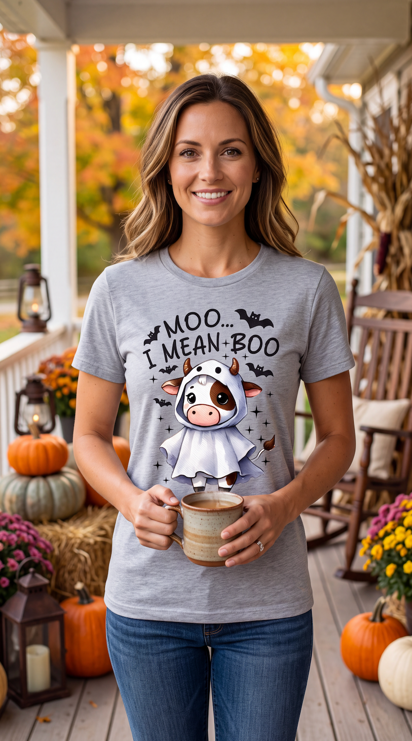 A woman stands on a decorated autumn porch wearing a light gray graphic T-shirt that reads 'MOO.