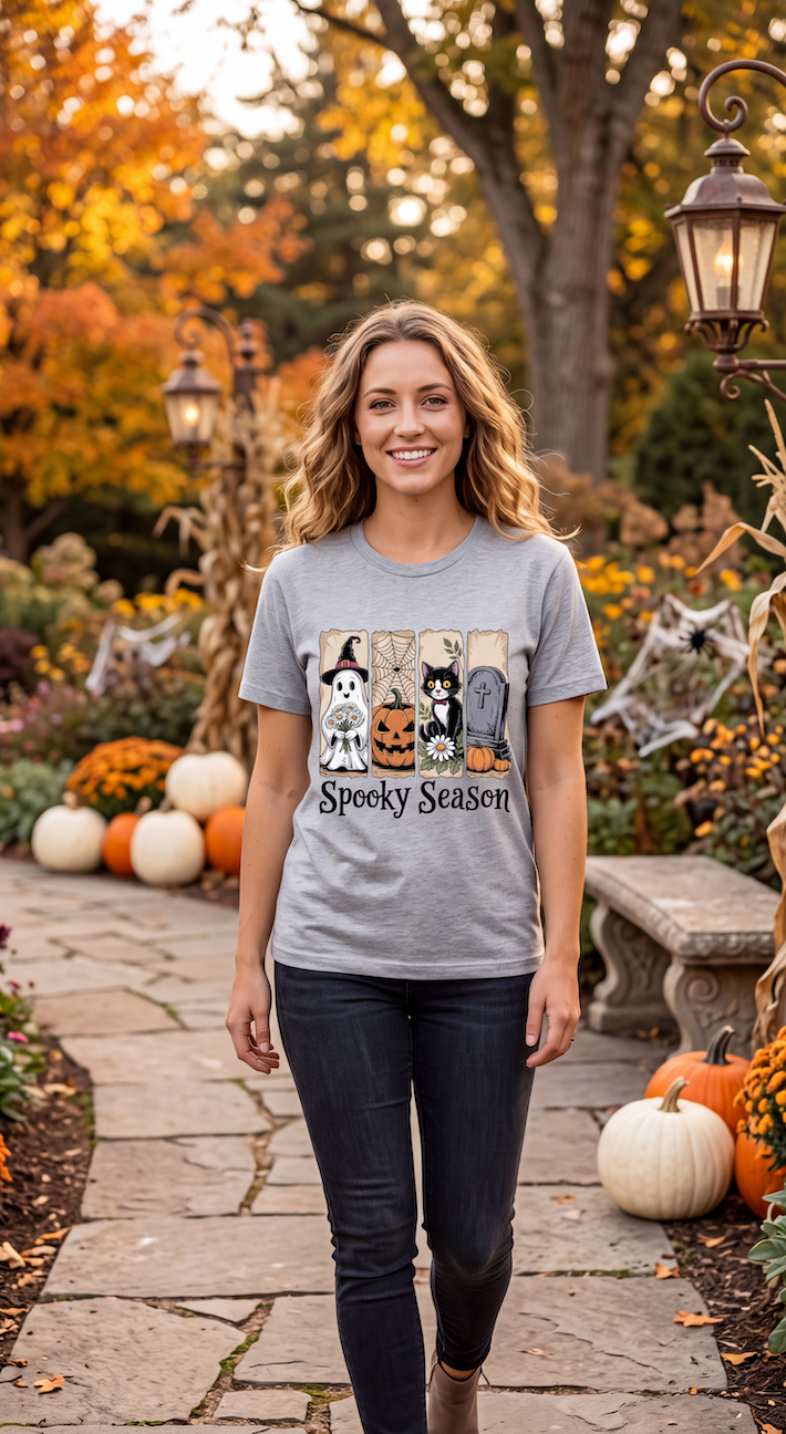 A woman stands on a stone path in a decorated autumn garden wearing a heather gray graphic T-shirt that says 'Spooky Season' with cartoon ghosts, pumpkins, a candle, and a skull. Pumpkins, cornstalks, lanterns, and fall foliage are visible in the background.