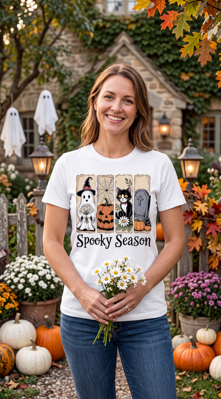 A woman stands outdoors in a decorated autumn yard wearing a white graphic T-shirt that says 'Spooky Season' with Halloween-themed illustrations, paired with blue jeans. Pumpkins, flowers, lanterns, and a stone house are visible in the background.