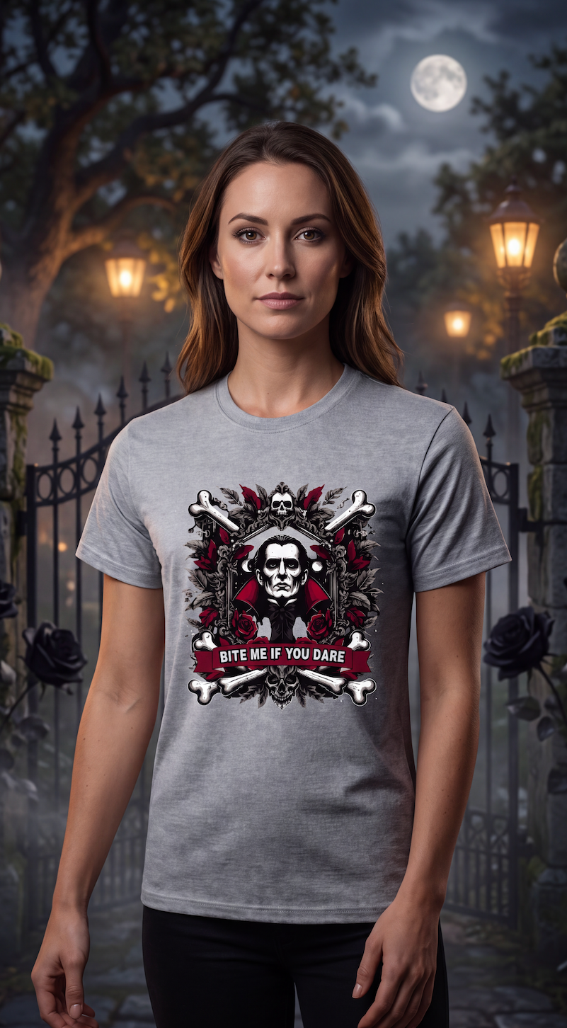 A woman stands outdoors in a moody, misty garden setting wearing a heather gray graphic t-shirt. The shirt features a detailed black, white, and red gothic graphic of a skull, roses, and crossed bones with the text 'BITE ME IF YOU DARE'.