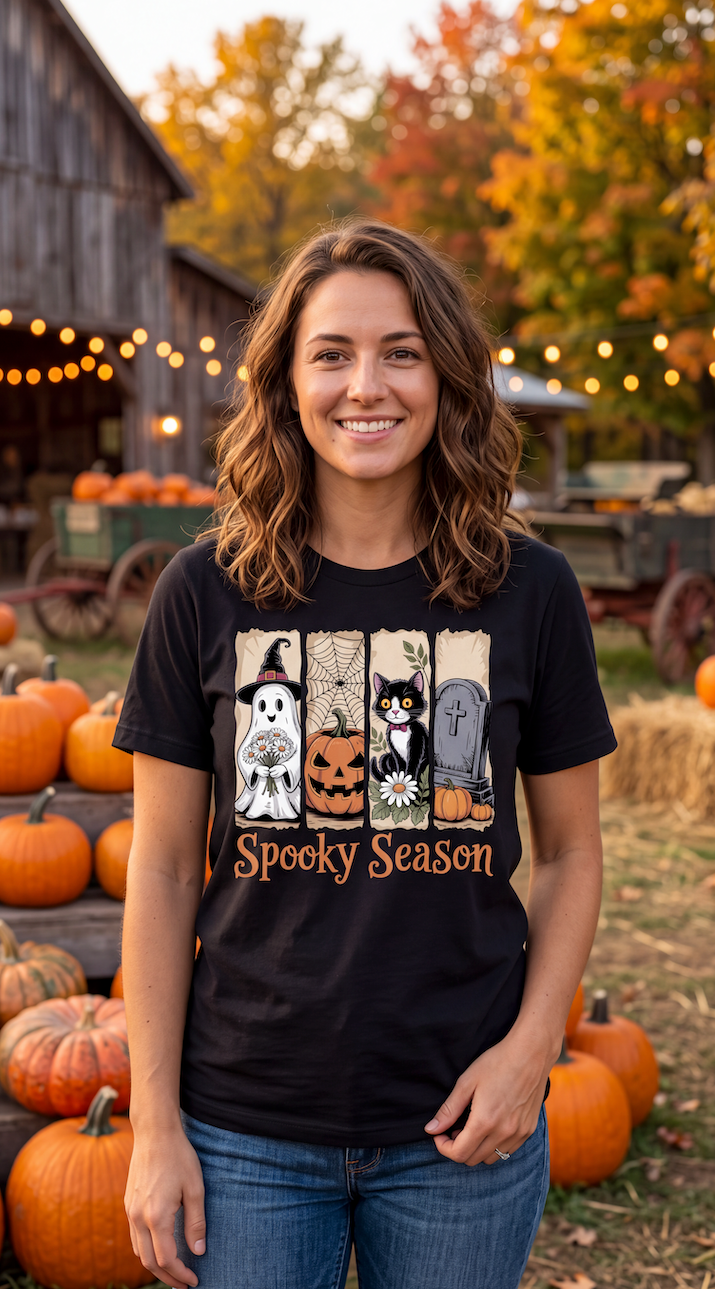 A woman stands outdoors in a pumpkin patch wearing a black graphic T-shirt with Halloween-themed illustrations and the words 'Spooky Season.' The background includes pumpkins, a barn, string lights, and autumn foliage.
