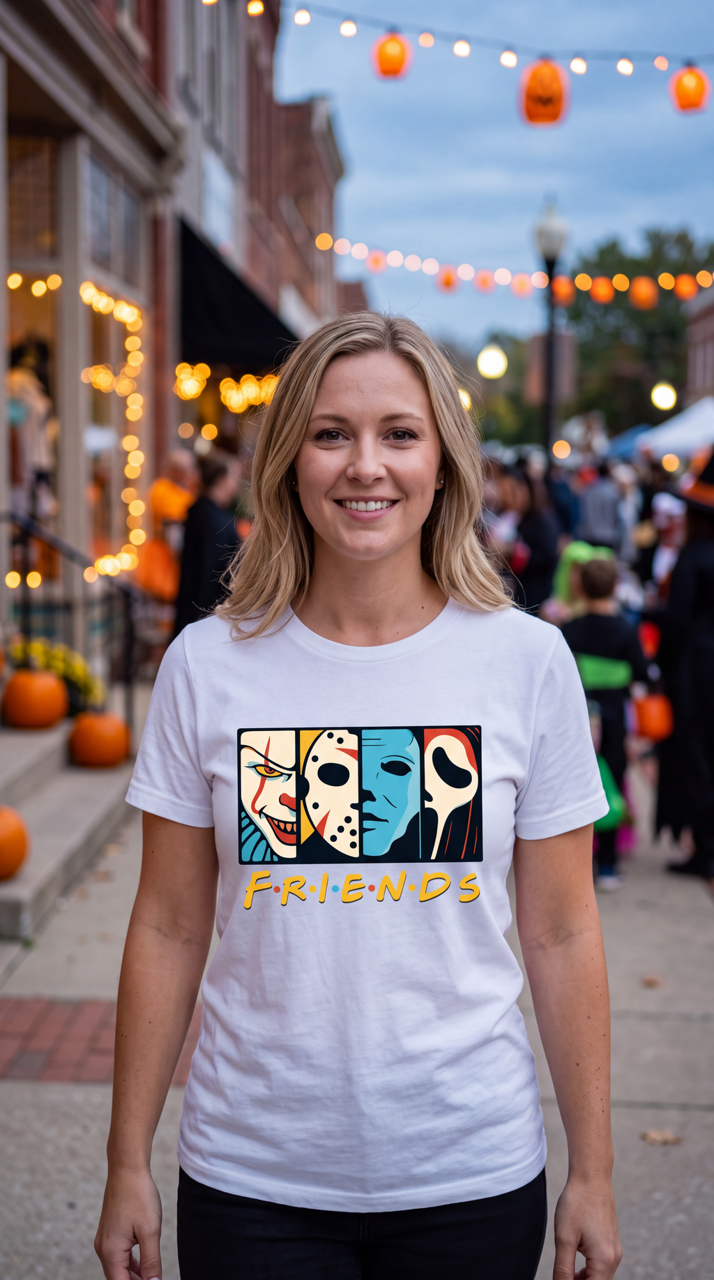 A woman stands outdoors in a pumpkin patch wearing a white graphic T-shirt with a black illustration of a witch, bat, and pumpkin, with the text 'vibing with my Demons'.
