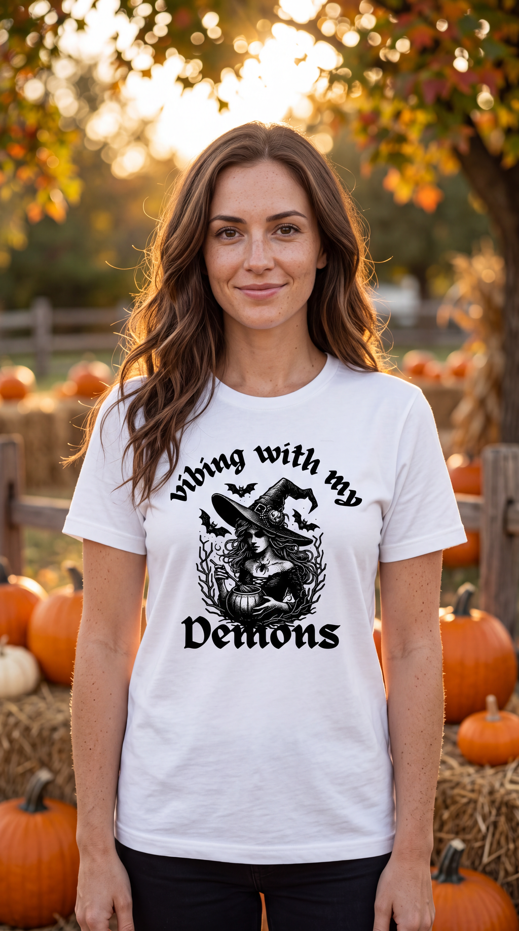A woman stands outdoors in a pumpkin patch wearing a white graphic T-shirt with a black illustration of a witch, bat, and pumpkin, with the text 'vibing with my Demons'.