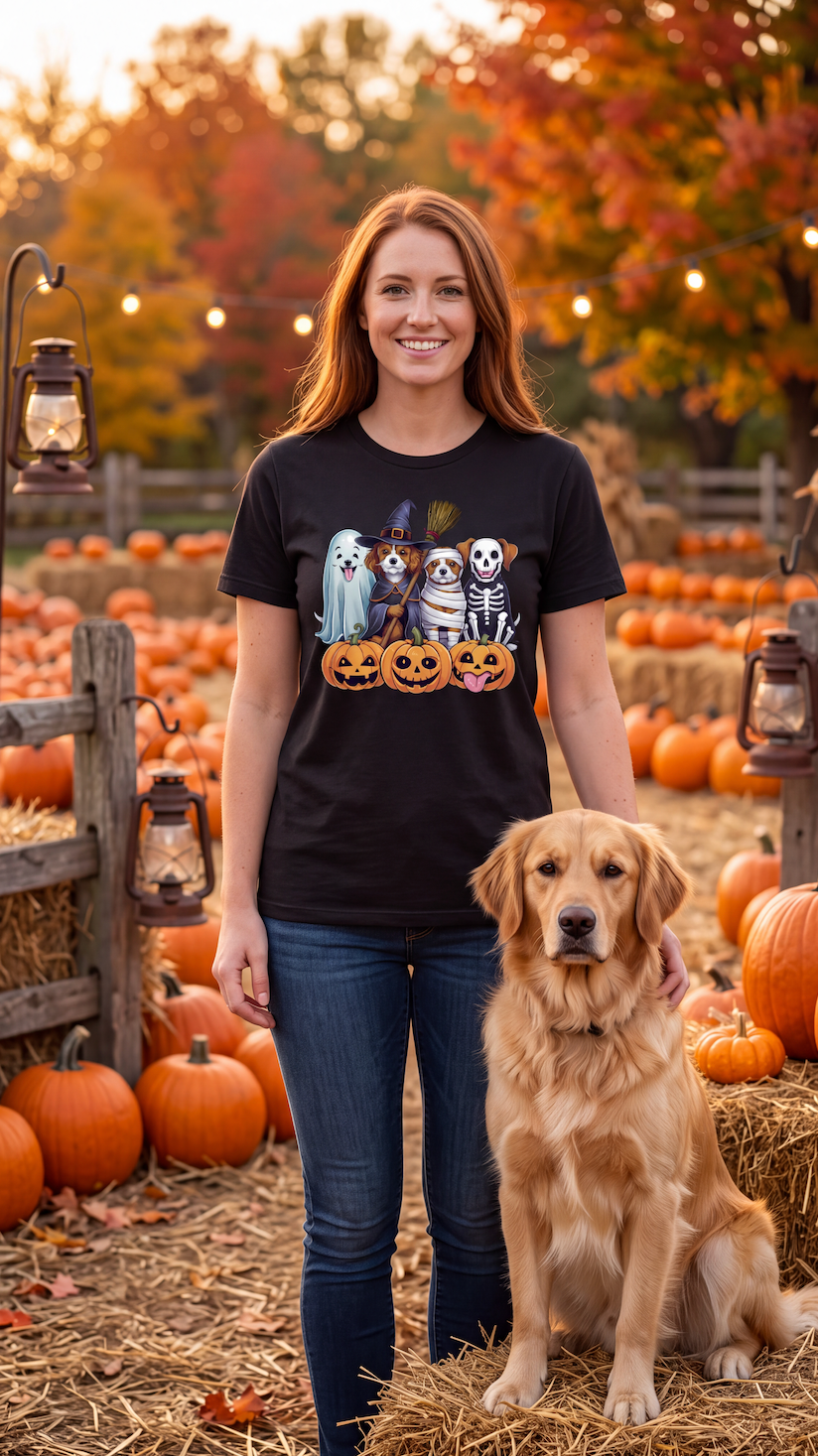 A woman stands outdoors in a pumpkin patch with a golden retriever dog, wearing a black graphic T-shirt. The shirt features cartoon animals dressed as ghosts and pumpkins.