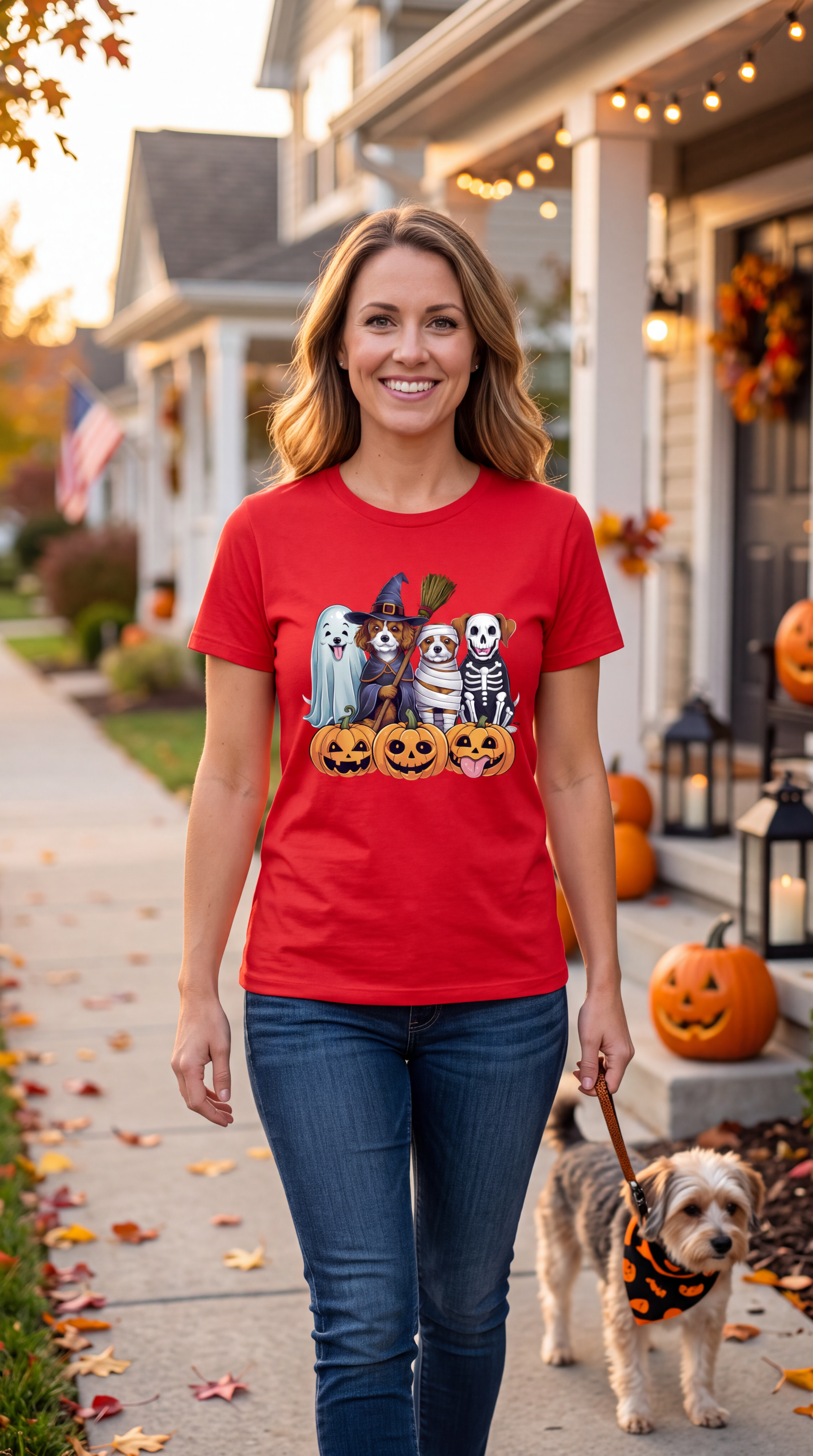 A woman walking outdoors in a pumpkin decorated street with a dog, wearing a red graphic T-shirt. The shirt features cartoon animals dressed as ghosts and pumpkins.
