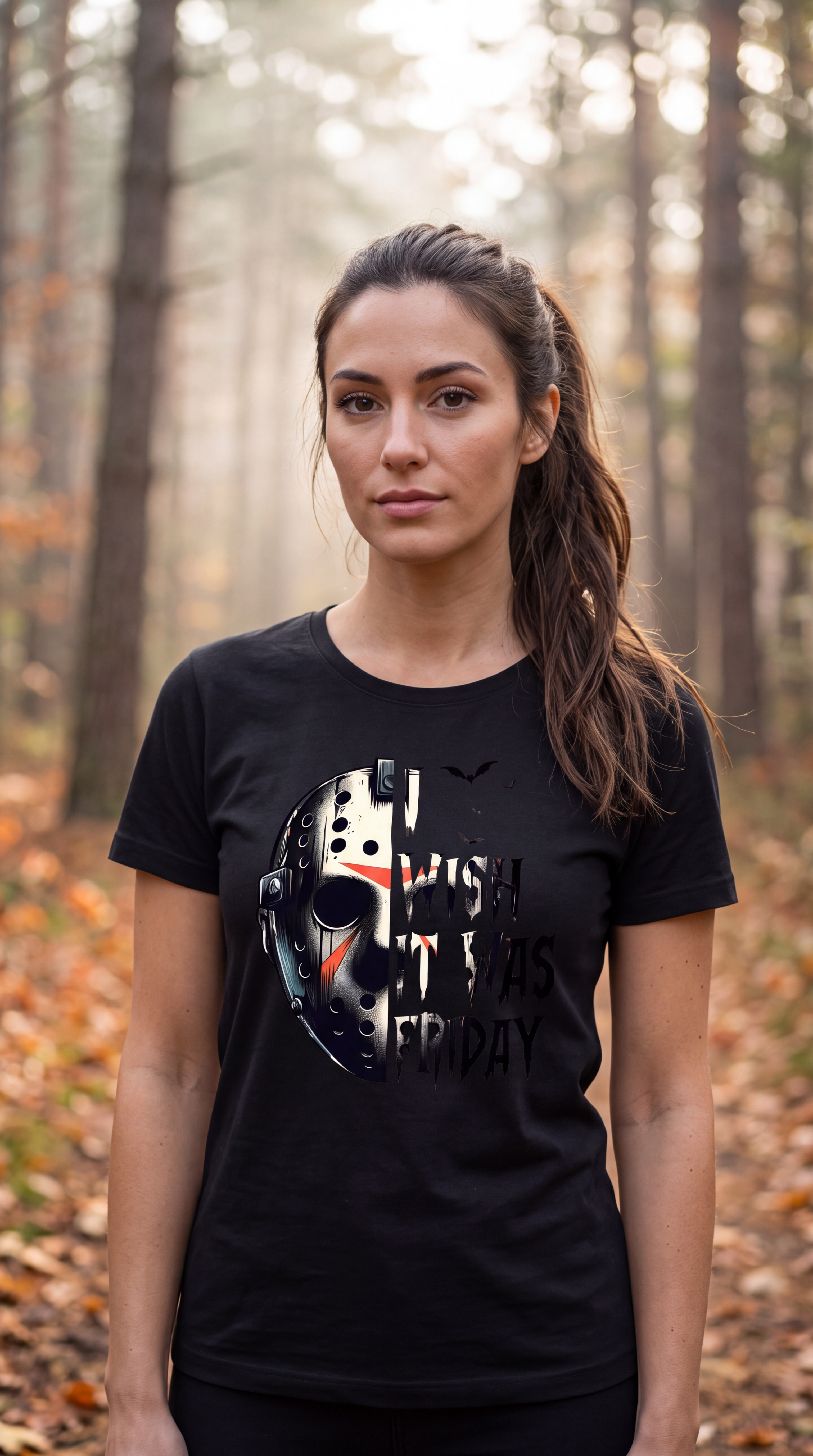 A woman wearing a black graphic t-shirt with 'ONE TWO' printed in red and black splatter-style lettering, standing in front of a blurred pumpkin patch background with warm string lights.