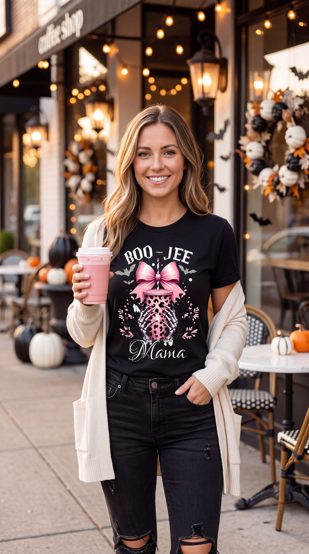 A woman wearing a black short-sleeve crewneck t-shirt featuring a Halloween-themed graphic on the front. The design includes the text 'BOO-JEE Mama' in white, a pink leopard-print coffee cup, a large pink bow, bats, and skeleton hands holding the cup.