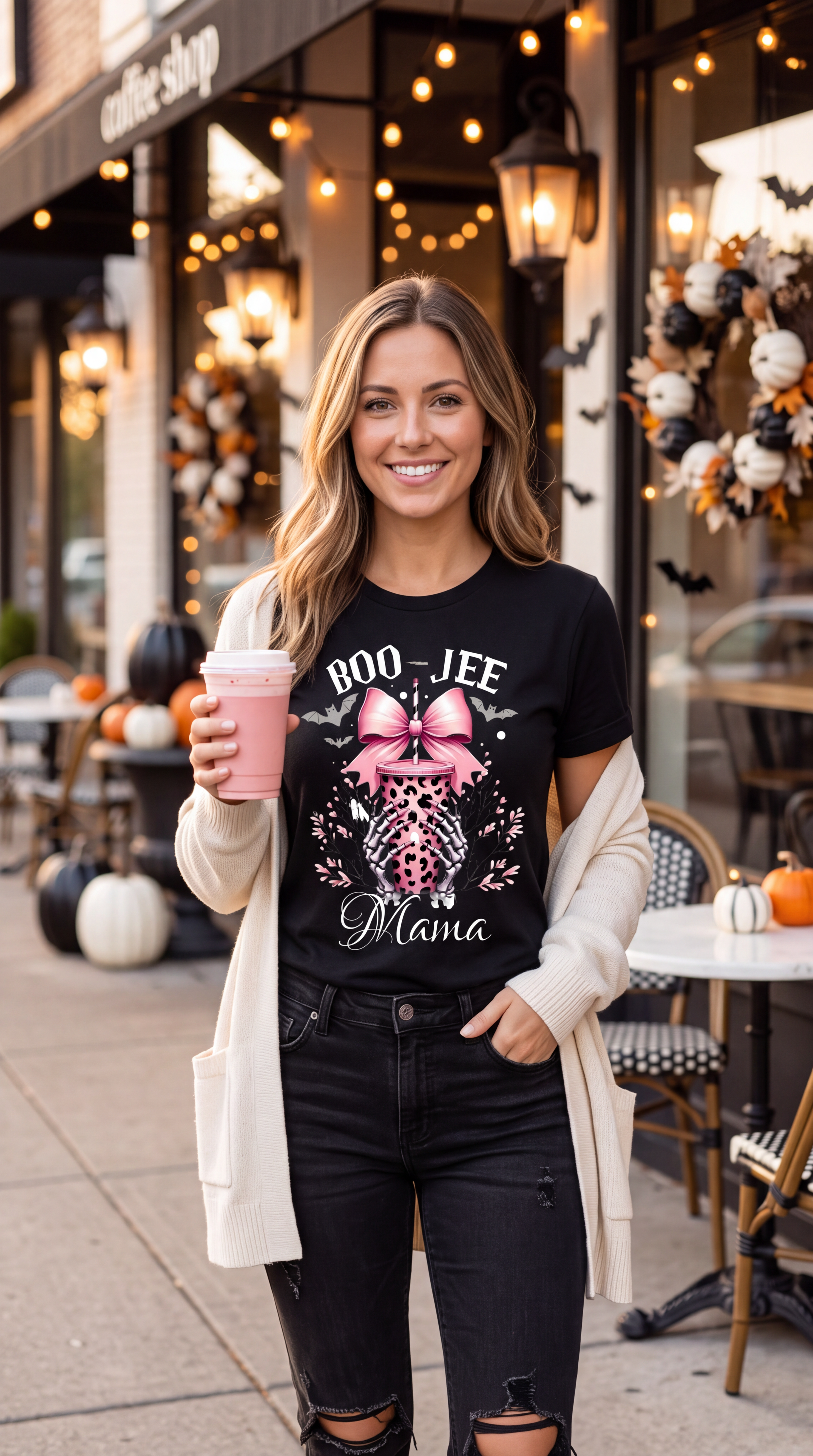 A woman wearing a black short-sleeve crewneck t-shirt featuring a Halloween-themed graphic on the front. The design includes the text 'BOO-JEE Mama' in white, a pink leopard-print coffee cup, a large pink bow, bats, and skeleton hands holding the cup.