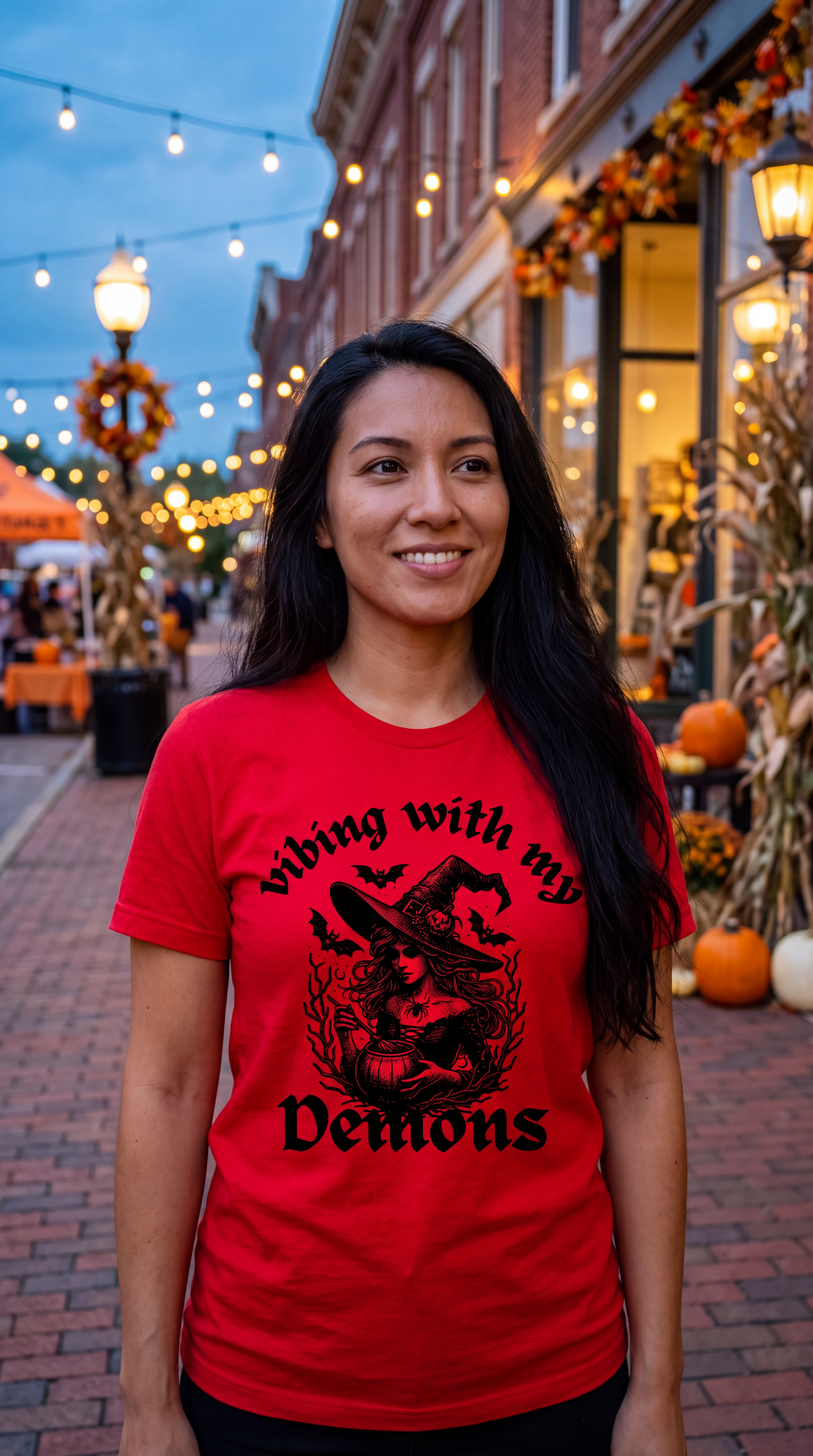 A woman wearing a bright red graphic t-shirt with a black witch illustration and the text 'Vibing with my Demons' stands on a brick street decorated for Halloween.