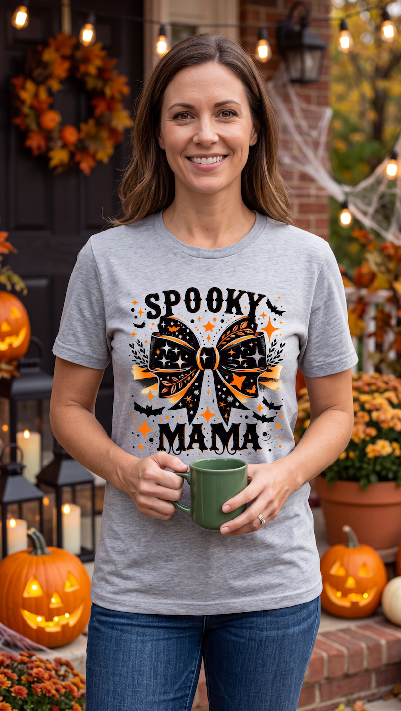 A woman wearing a heather gray graphic t-shirt with 'SPOOKY MAMA' and a spider-themed bow design, holding a green mug in a decorated Halloween yard.