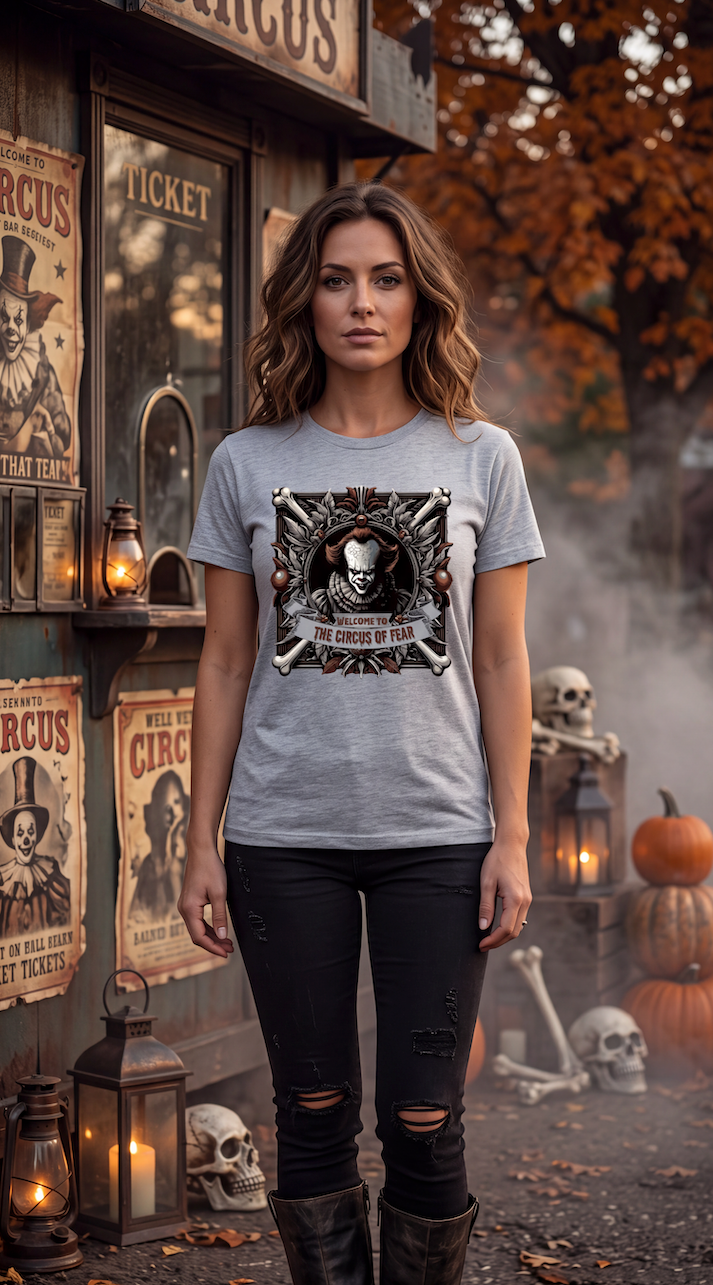 A woman wearing a heather gray short-sleeve crewneck t-shirt featuring a large graphic print of Pennywise the Clown from IT, framed by crossed bones and leaves, with a banner reading 'WELCOME TO THE CIRCUS OF FEAR'.