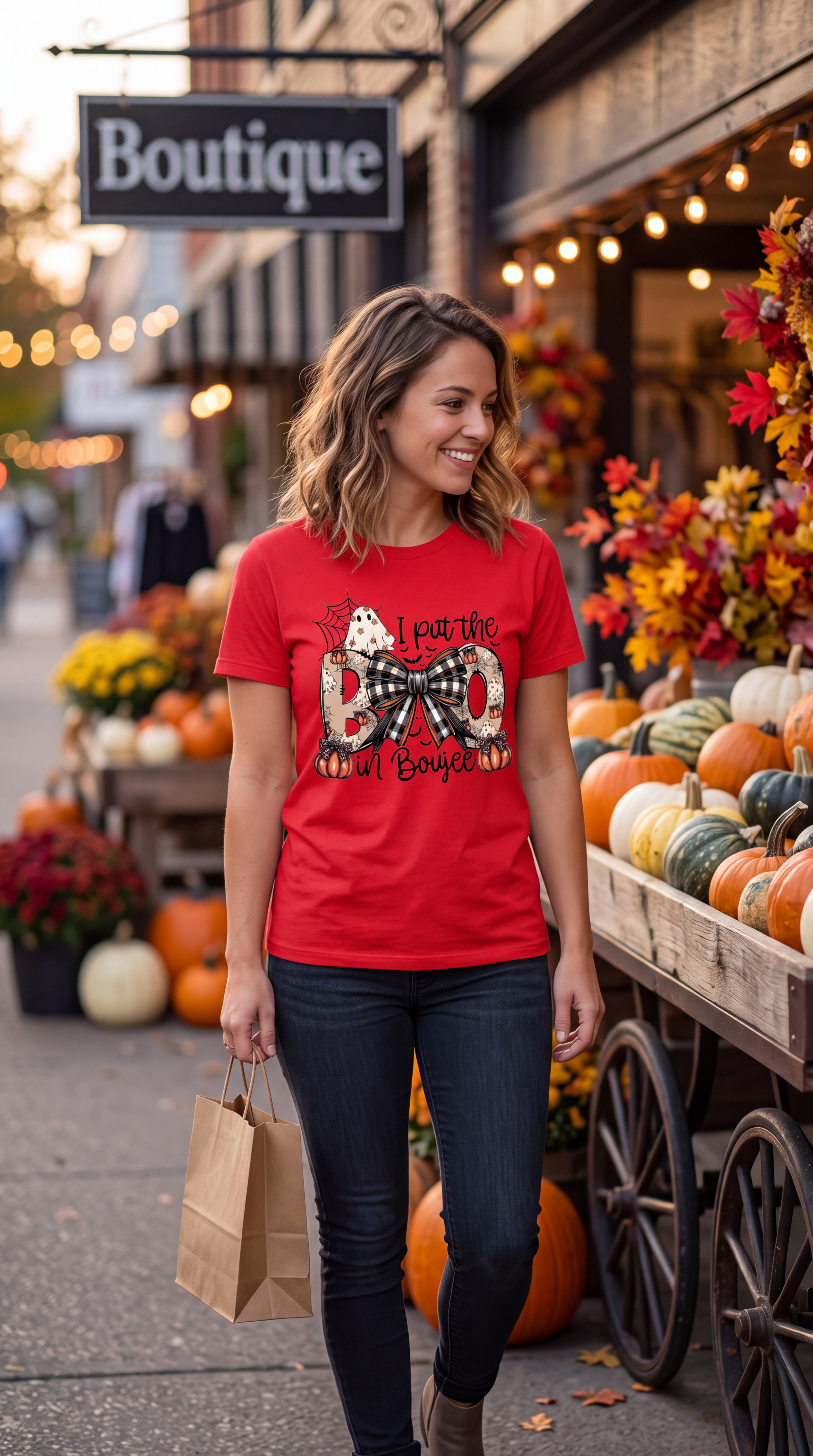 A woman wearing a red short-sleeve crewneck t-shirt featuring a Halloween graphic on the front with the text 'I pat the BOO in Boujee' and a spooky design including pumpkins, a ghost, bats, and a black-and-white checkered bow.