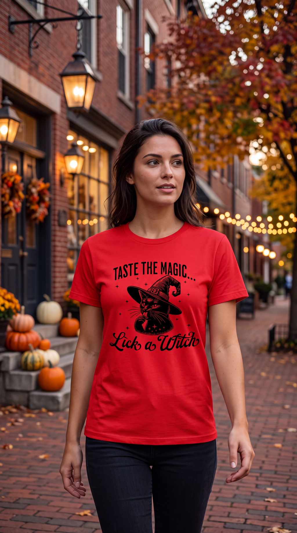A woman wearing a red short-sleeve crewneck t-shirt featuring a black graphic of a witch cat wearing a pointed hat, with the text 'TASTE THE MAGIC.