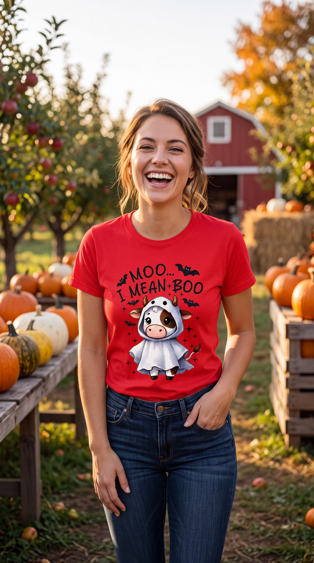 A woman wearing a red short-sleeve crewneck t-shirt featuring a cartoon graphic of a cow in a white hooded cape with the text 'MOO.