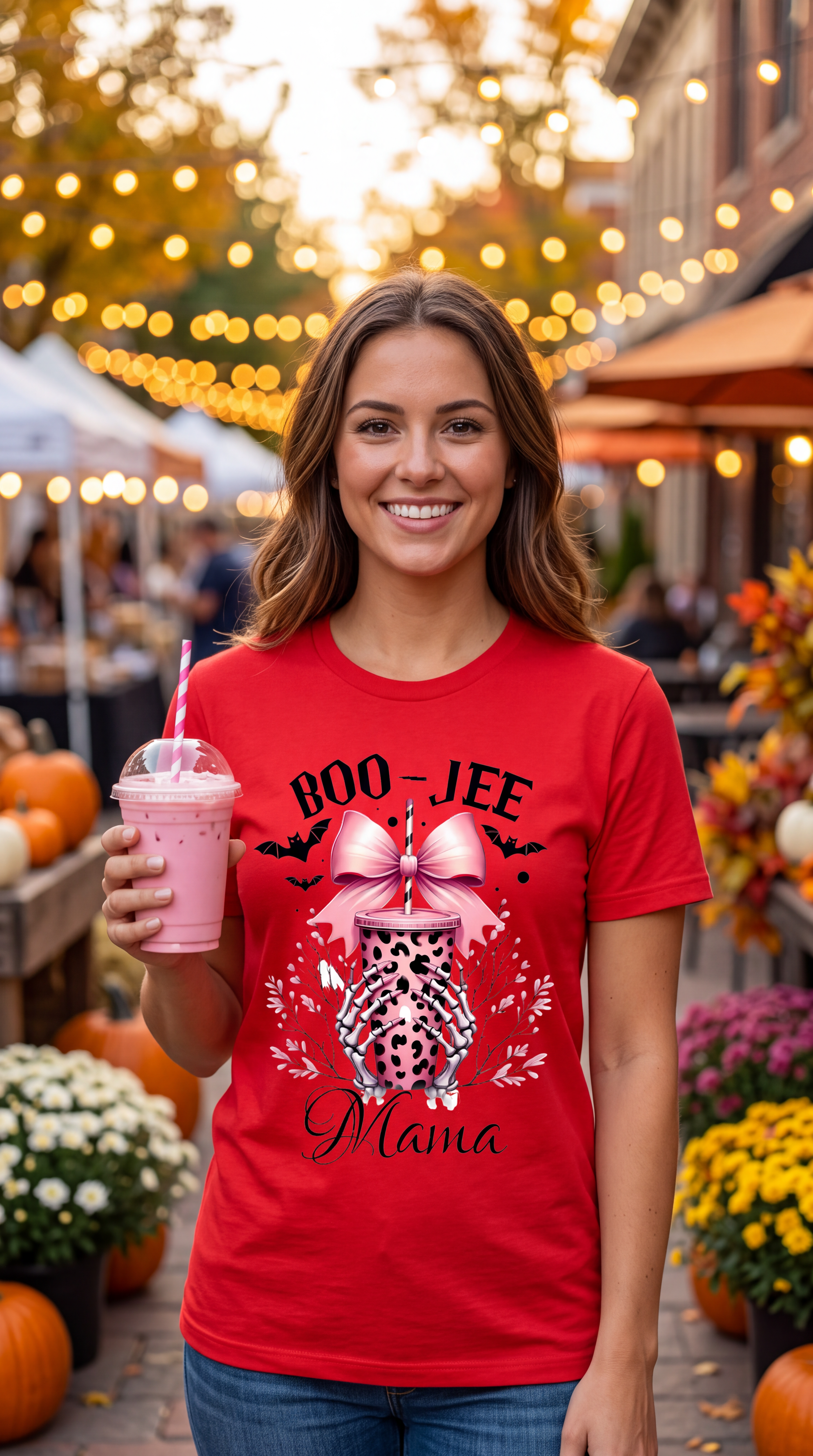 A woman wearing a red short-sleeve graphic T-shirt worn by a person, featuring a Halloween-themed design with the words 'BOO-JEE' and 'Mama,' a pink leopard-print cup, skeletal hands, bats, and white leaves.