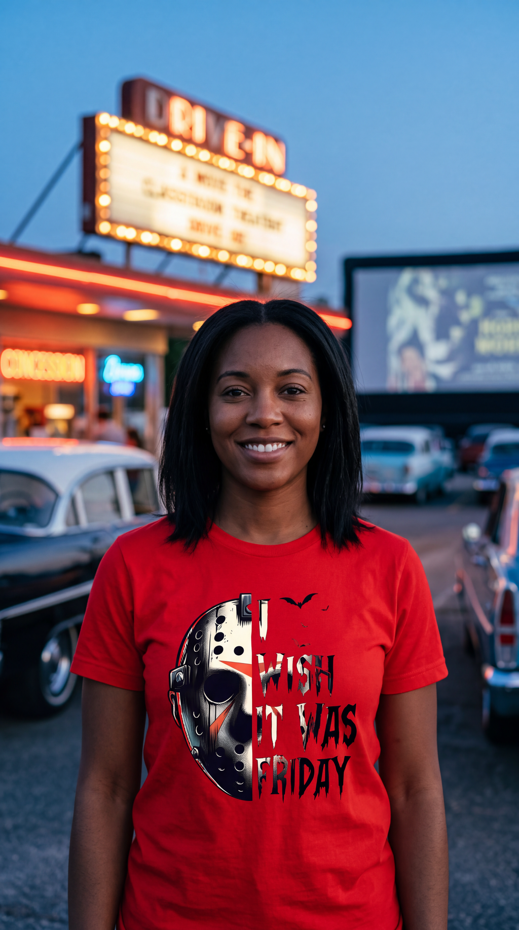A woman wearing a red t-shirt with a graphic of a hockey mask and the text 'I WISH IT WAS FRIDAY' in a horror movie style, standing outdoors in front of a house porch.