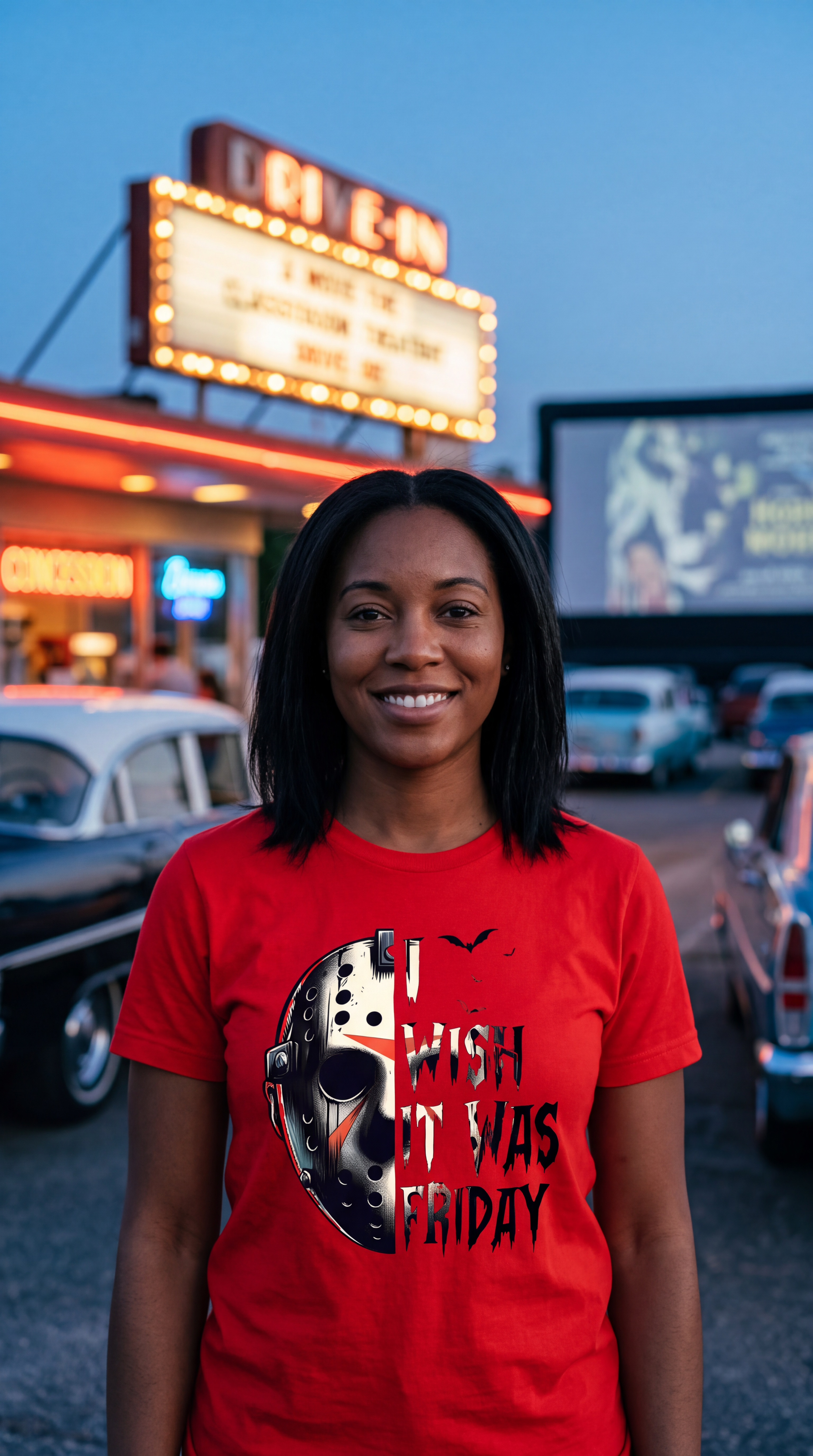 A woman wearing a red t-shirt with a graphic of a hockey mask and the text 'I WISH IT WAS FRIDAY' in a horror movie style, standing outdoors in front of a house porch.