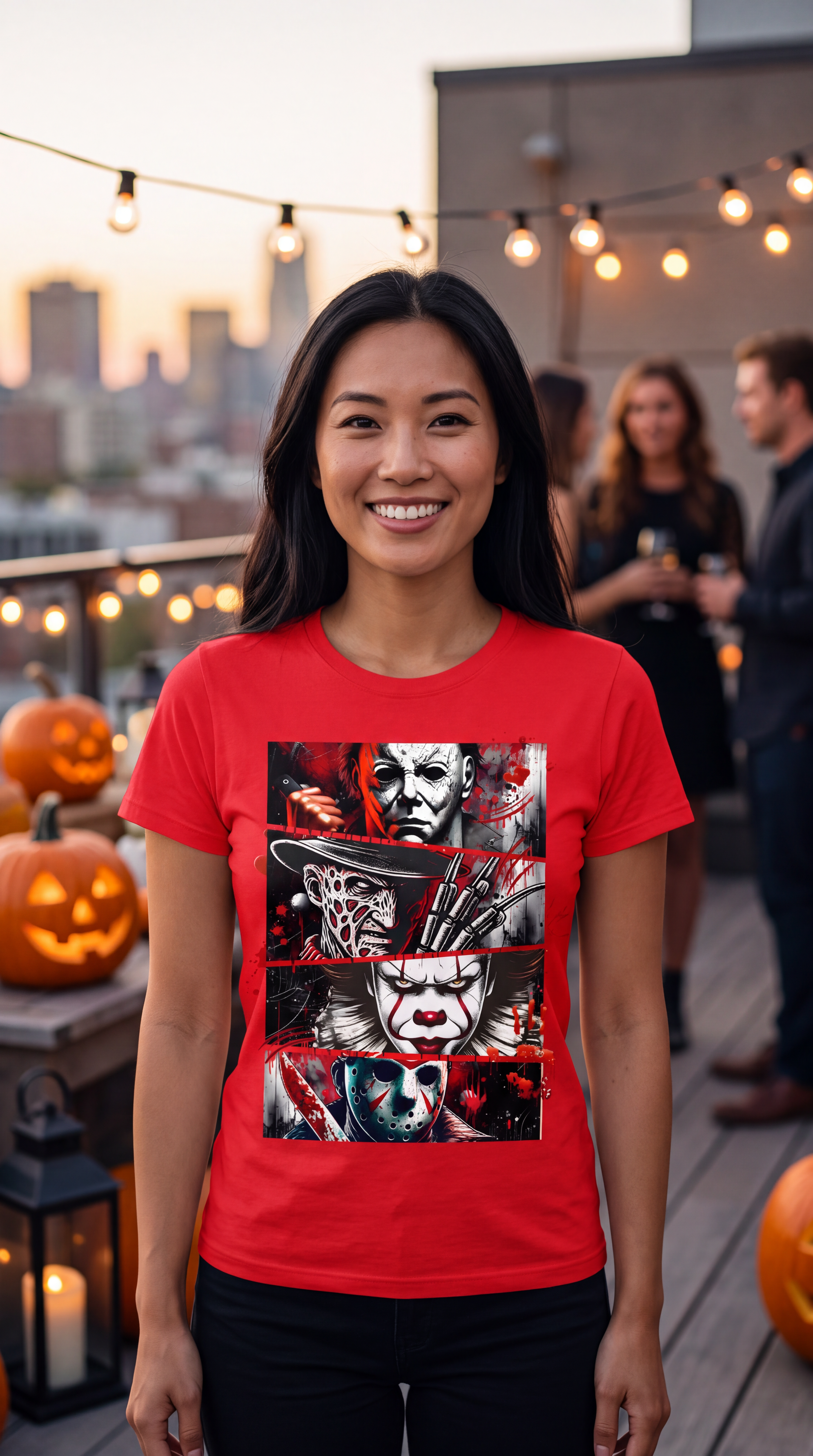 A woman wearing a red t-shirt with a large, detailed horror graphic print featuring Michael Myers, Freddy Krueger, Pennywise, and Jason Voorhees in a red, black, and white color scheme.