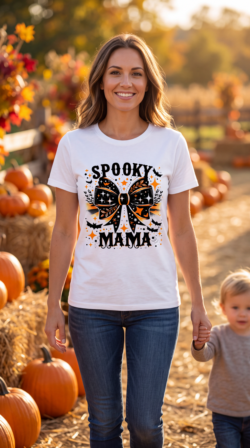 A woman wearing a white short-sleeve crewneck t-shirt featuring a Halloween graphic with the text 'SPOOKY MAMA' and a large black and orange bow design with bats and stars.