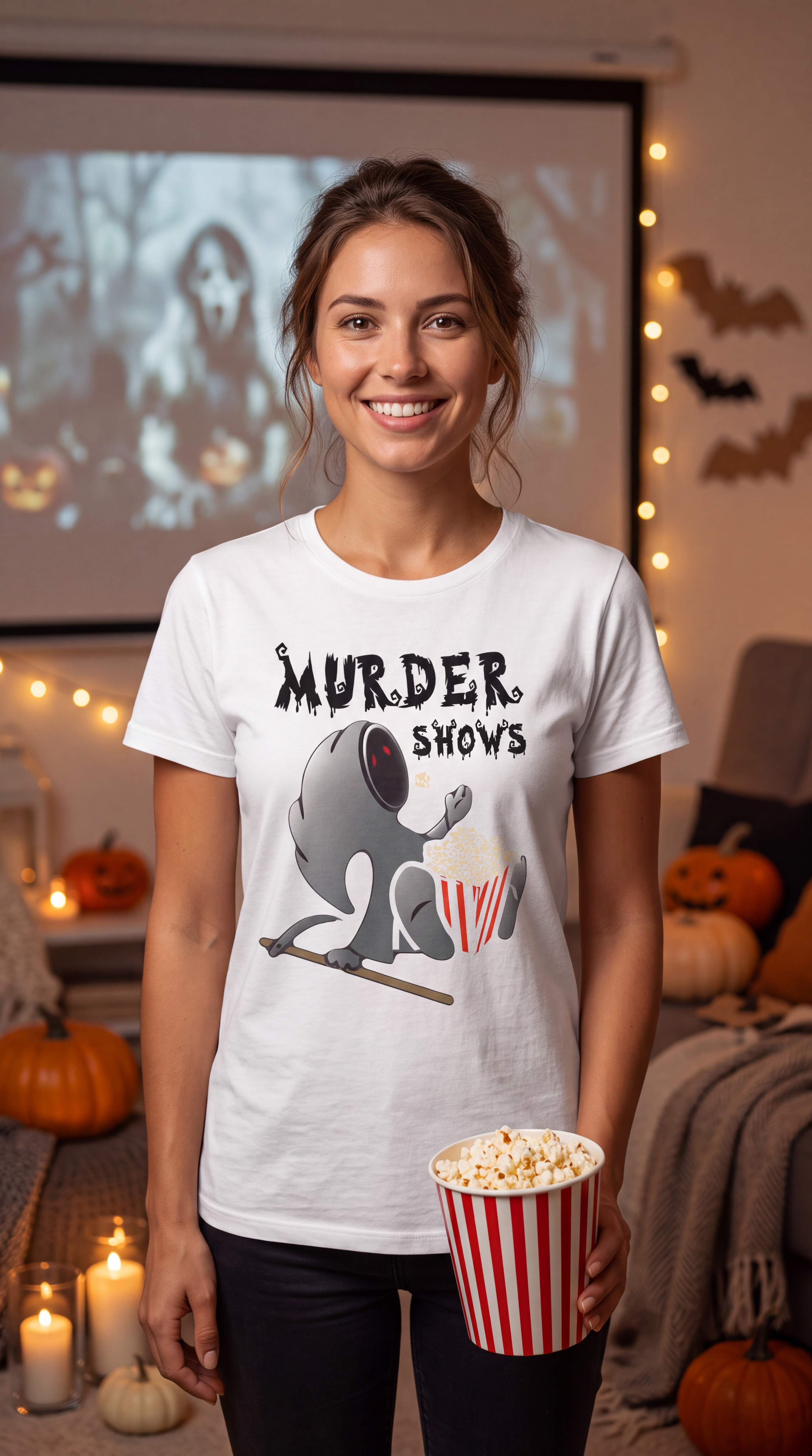 A woman wearing a white short-sleeve crewneck t-shirt featuring a cartoon graphic of a gray creature holding a popcorn bucket next to the text 'MURDER SHOWS' in a dripping black font.