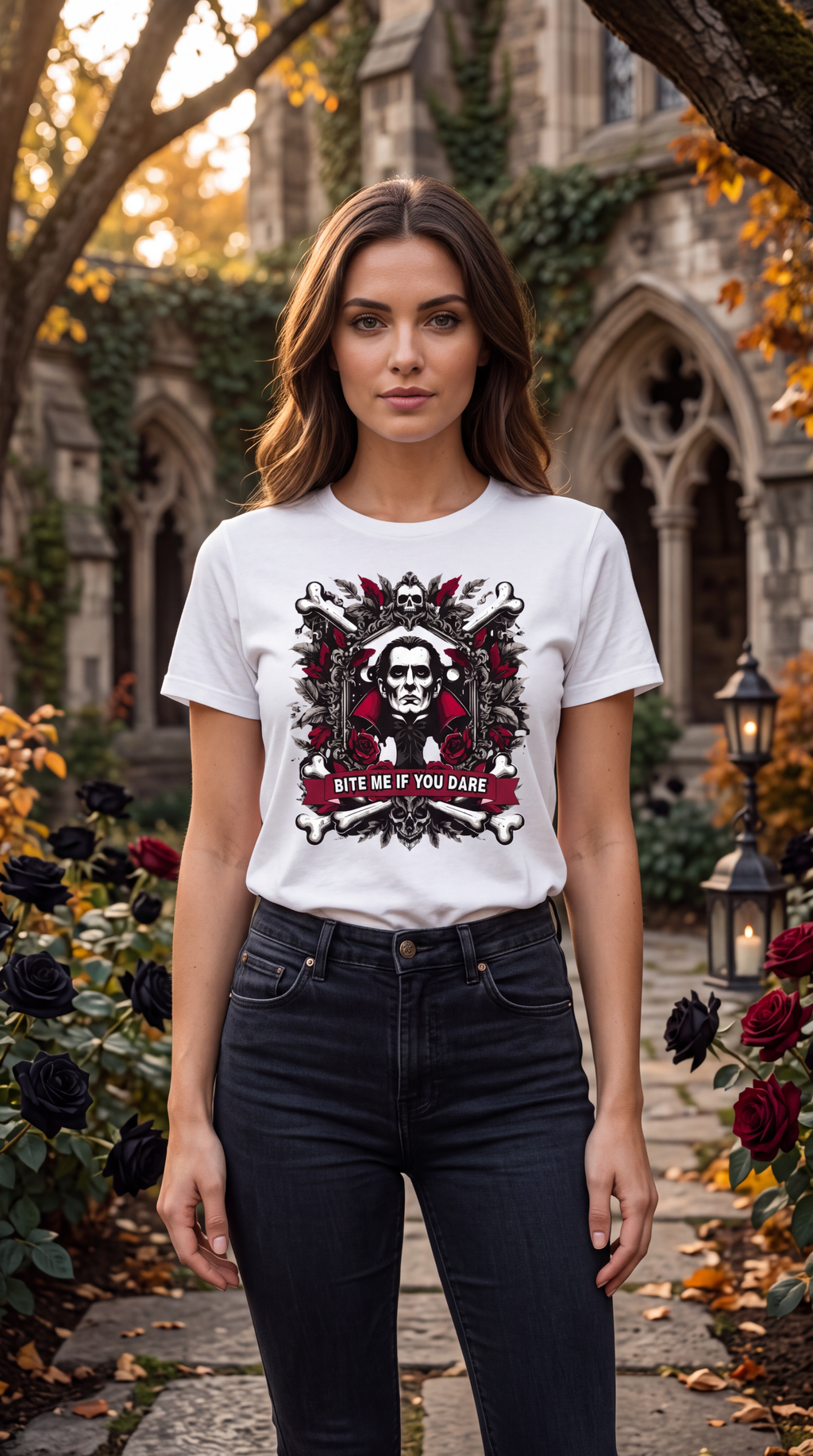 A woman wearing a white short-sleeve crewneck t-shirt featuring a gothic graphic print of a vampire portrait with skulls, bones, and red roses, and a red banner reading 'BITE ME IF YOU DARE'.