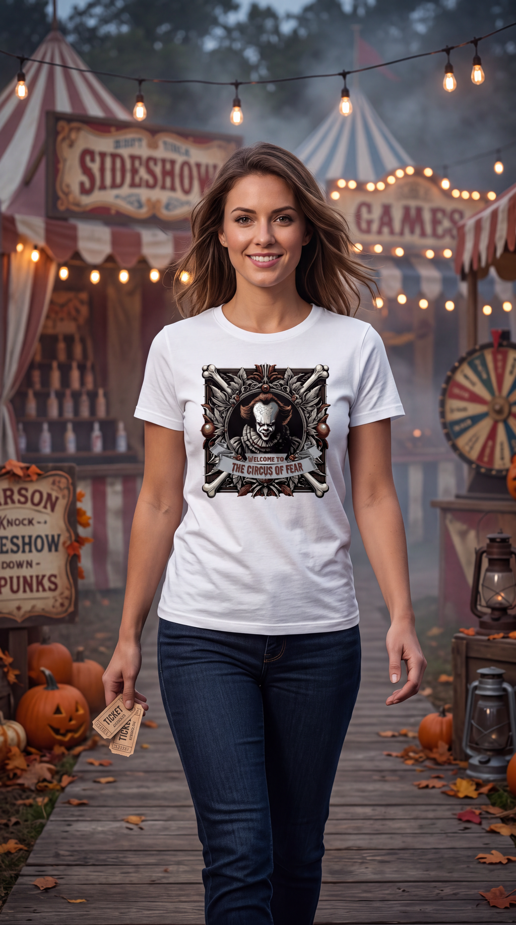 A woman wearing a white short-sleeve crewneck t-shirt featuring a graphic print of Pennywise the Clown from 'The Ring' with the text 'WELCOME TO THE CIRCUS OF FEAR' on a decorative frame of bones and leaves.