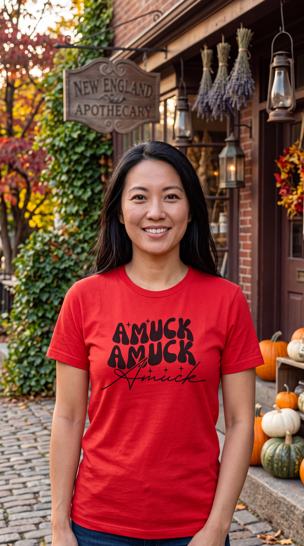 A woman wearing red short-sleeve crewneck t-shirt with a black graphic text print on the chest reading 'AMUCK AMUCK Amuck' in stylized fonts, shown on a clean street with pumpkins.