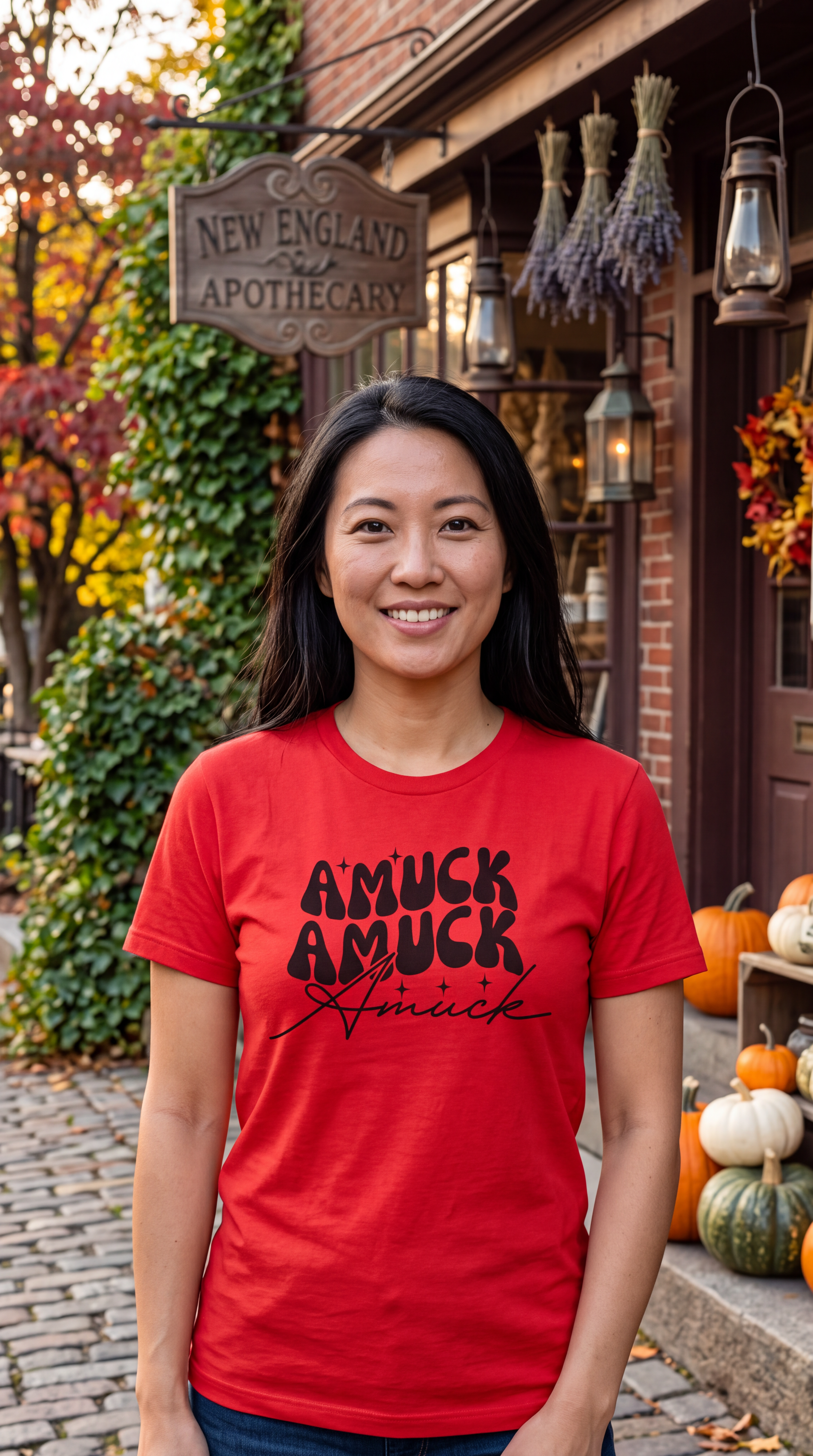 A woman wearing red short-sleeve crewneck t-shirt with a black graphic text print on the chest reading 'AMUCK AMUCK Amuck' in stylized fonts, shown on a clean street with pumpkins.