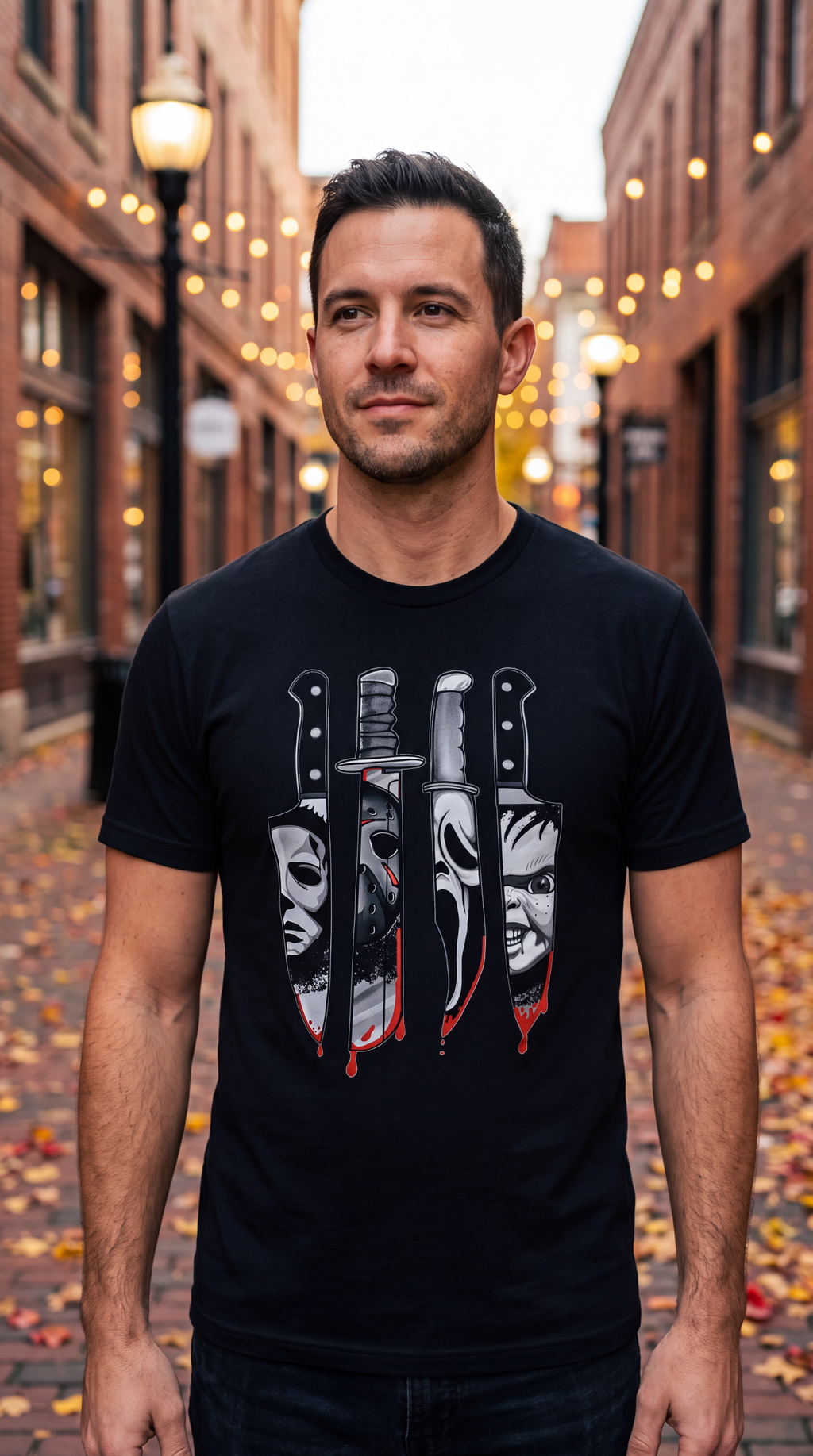 A man wearing a black short-sleeve crewneck t-shirt featuring a graphic print of four horror movie knives dripping with red blood, each filled with a stylized black and white face (Michael Myers, Jason Voorhees, Freddy Krueger, and Pennywise).