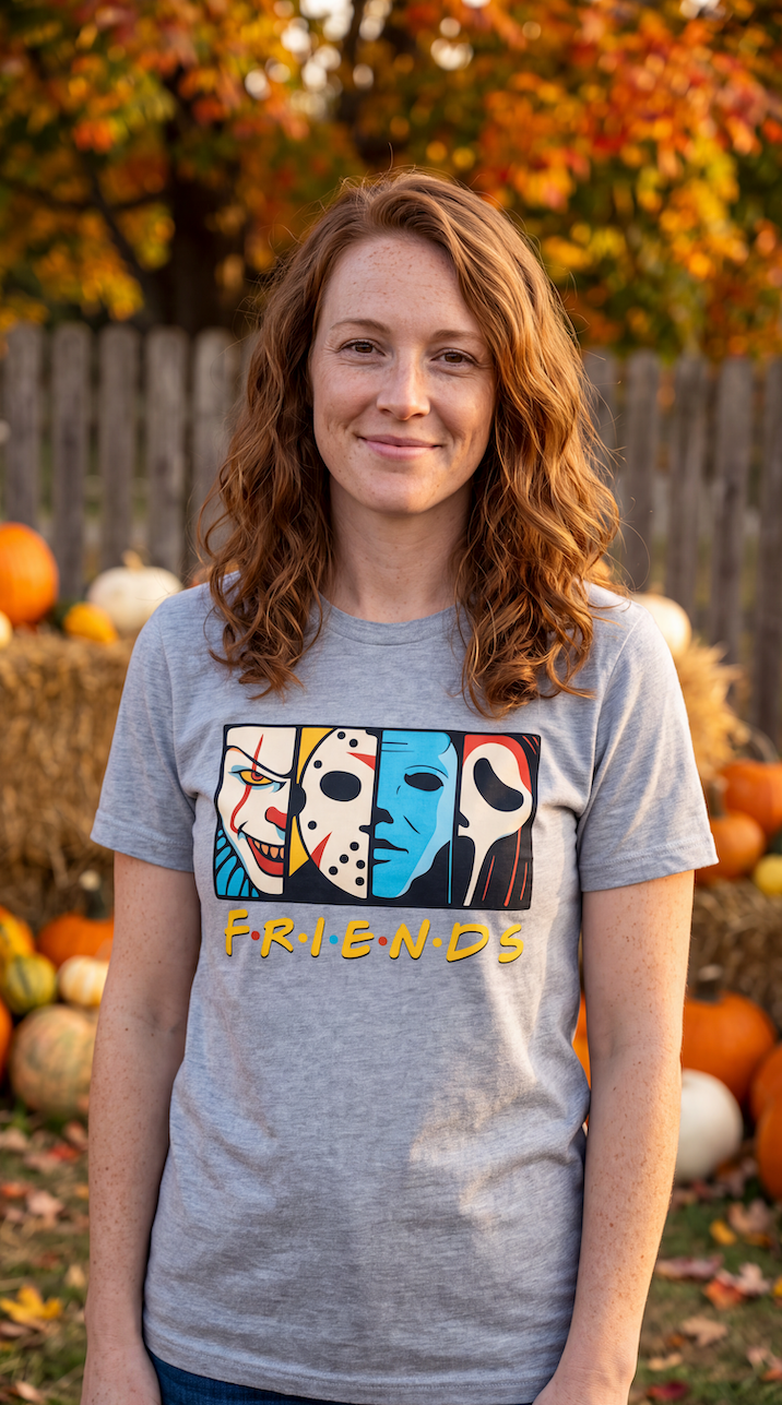 A woman with wavy light brown hair stands outdoors in a pumpkin patch wearing a heather gray t-shirt with a graphic of horror movie faces and the word 'FRIENDS' in yellow.