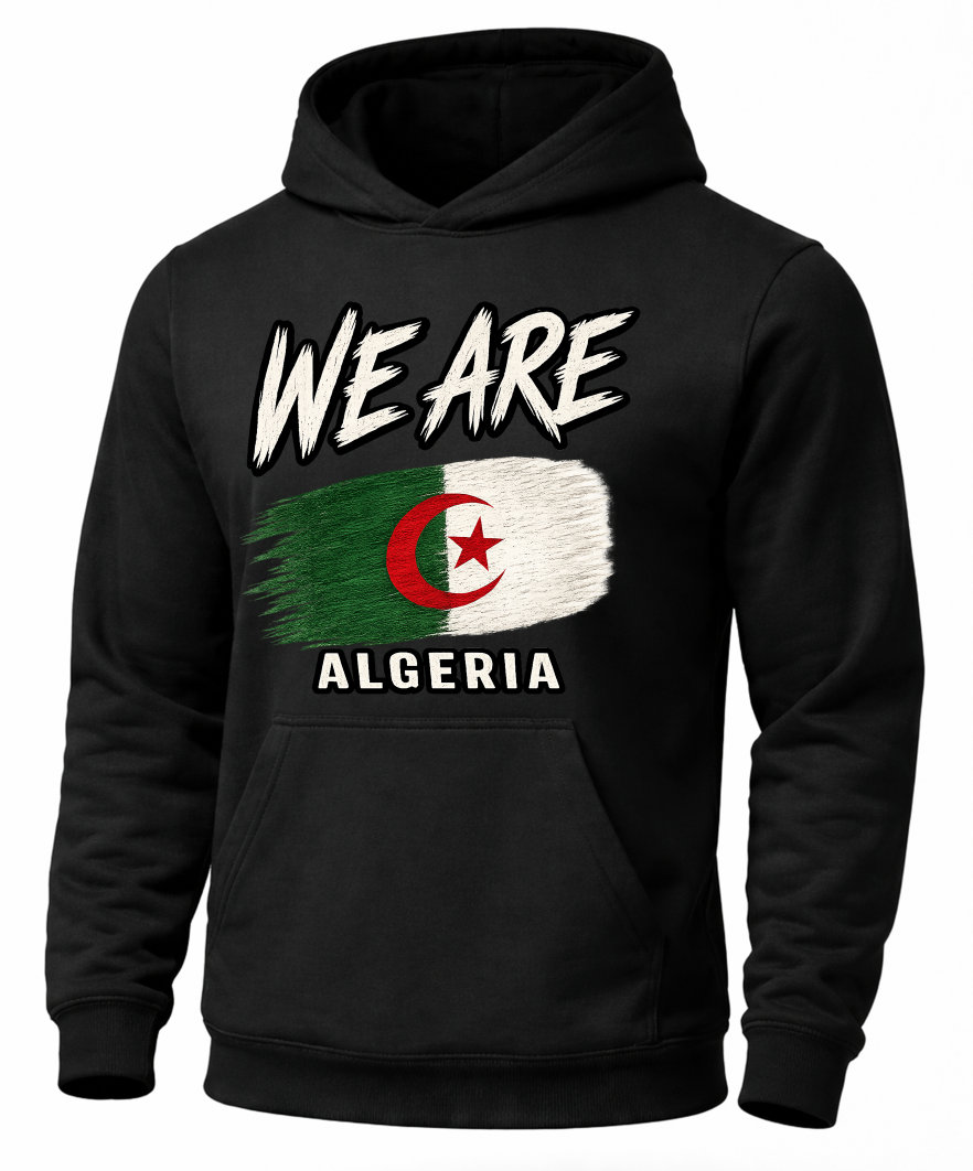 A black pullover hoodie featuring a distressed graphic print of the Algeria flag and the text 'WE ARE' and 'ALGERIA' on the front, displayed against a solid white background.