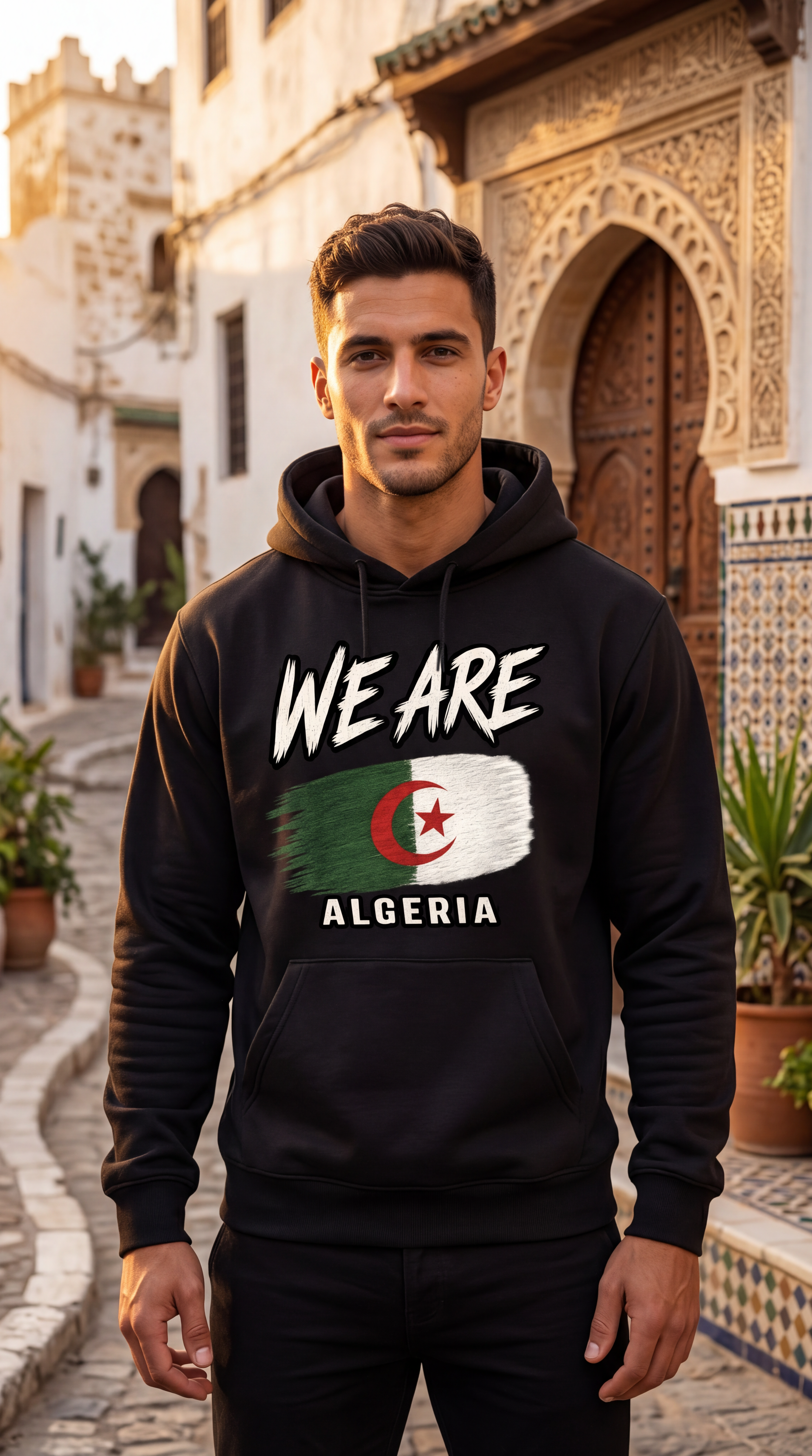 A man wearing a black hoodie with a graphic print of the Algeria flag and the text 'WE ARE ALGERIA' stands in a sunlit, historic street with white buildings and arched doorways.