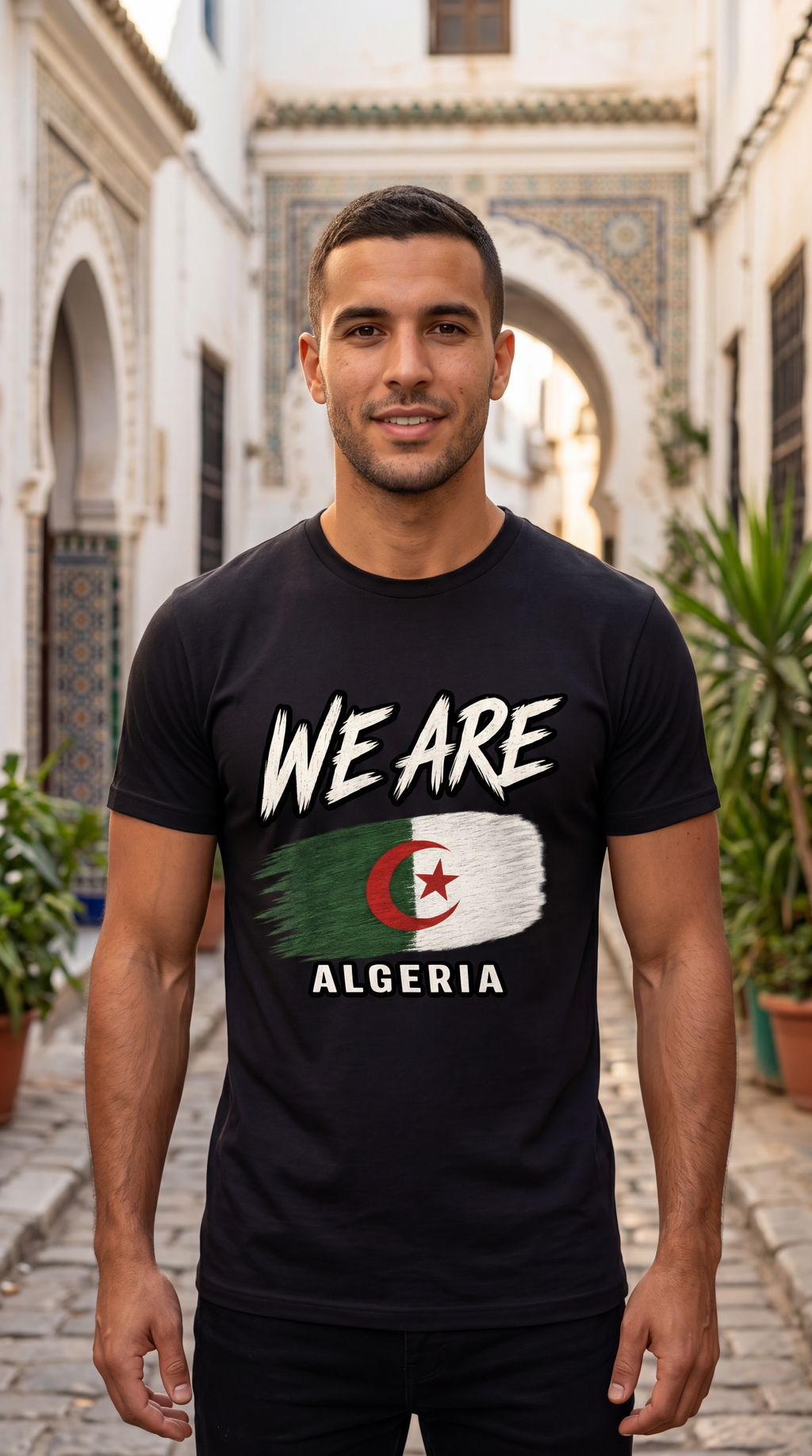 A man standing in a narrow outdoor alley wearing a black graphic T-shirt with the words 'WE ARE' above an Algeria flag design and 'ALGERIA' below.