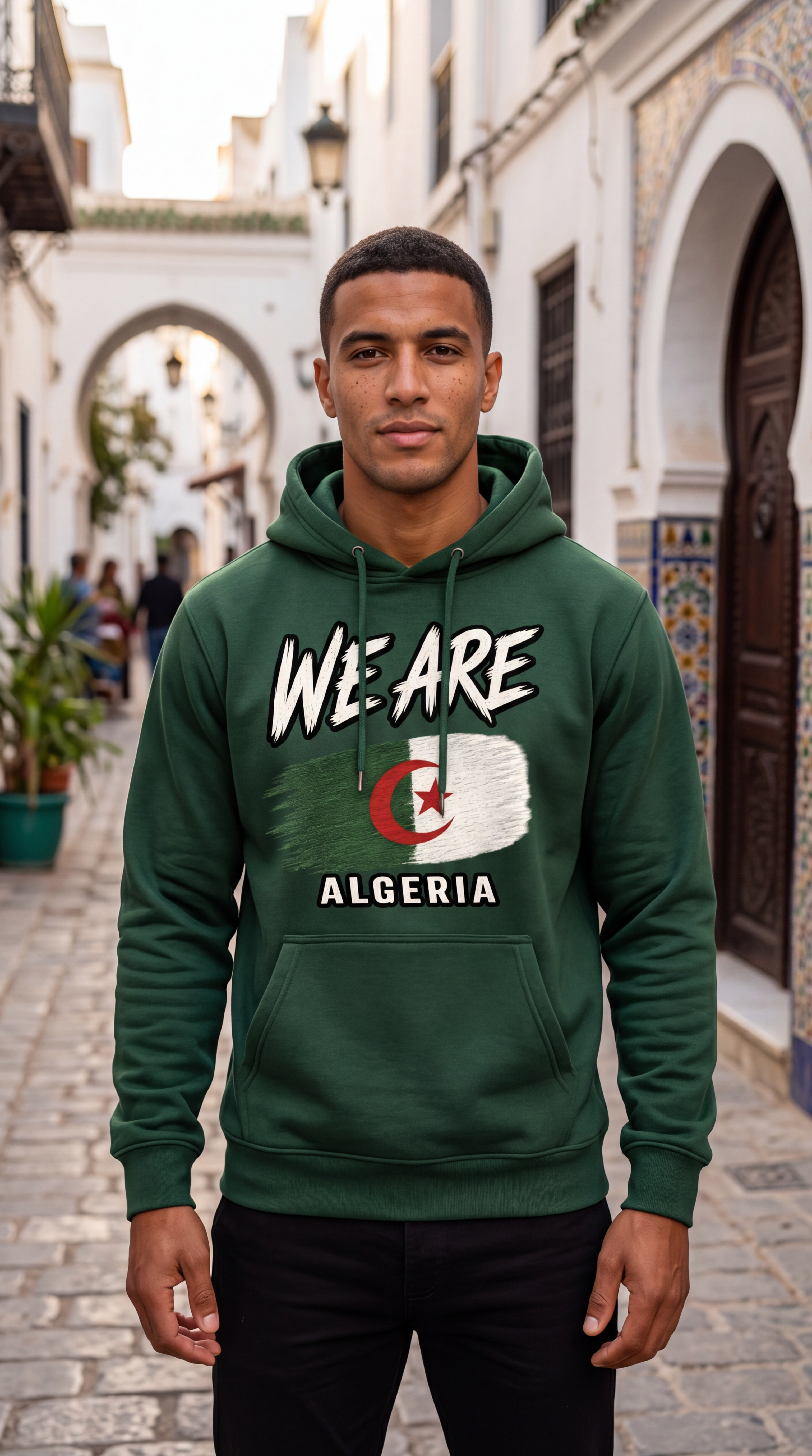 A man wearing a dark green hoodie with a graphic of the Algeria flag and the text 'WE ARE ALGERIA' stands in a cobblestone street with white-walled buildings in the background.