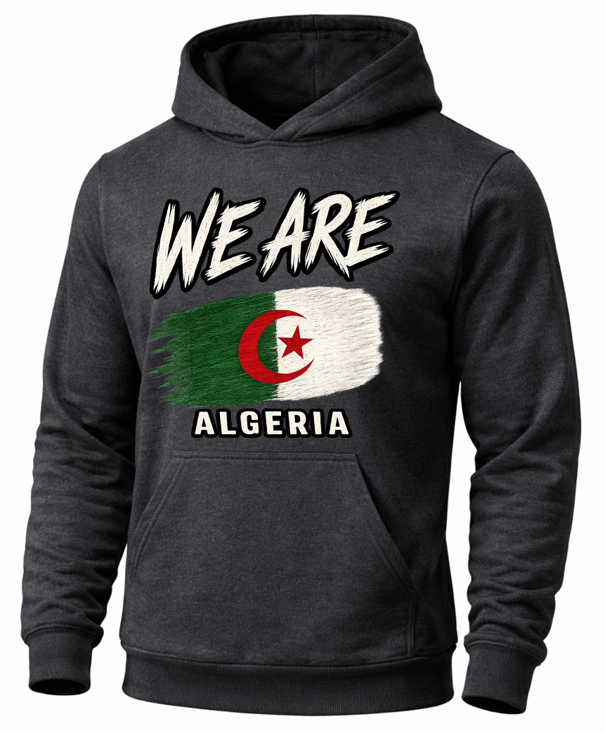 A dark gray heather hoodie featuring a distressed graphic of the Algeria flag with the text 'WE ARE' above and 'ALGERIA' below, shown on a plain white background.