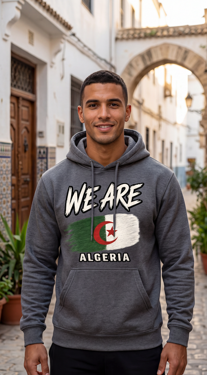 A man wearing a dark gray hoodie with a graphic print that reads 'WE ARE ALGERIA' and features the Algerian flag, standing in a cobblestone street with white buildings and arches in the background.
