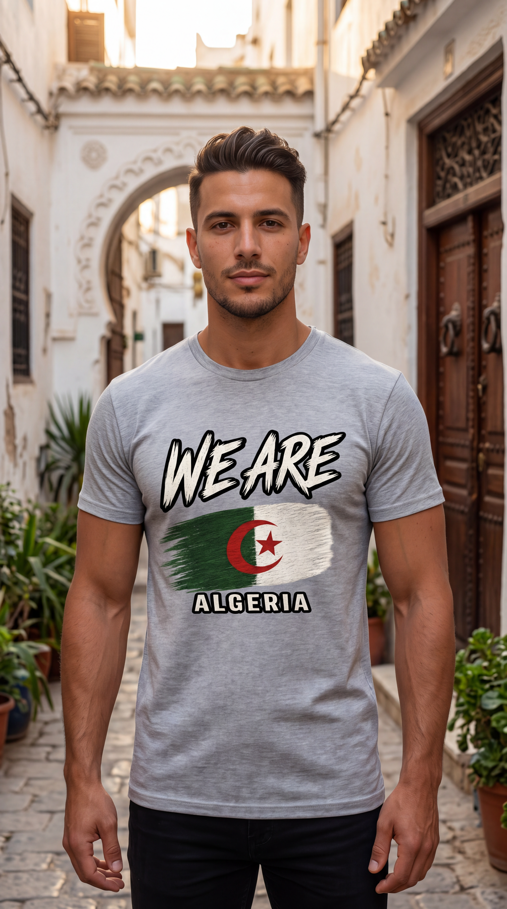 A man wearing a heather gray t-shirt with a graphic that reads 'WE ARE ALGERIA' above the Algerian flag, standing in a narrow white-walled alleyway.